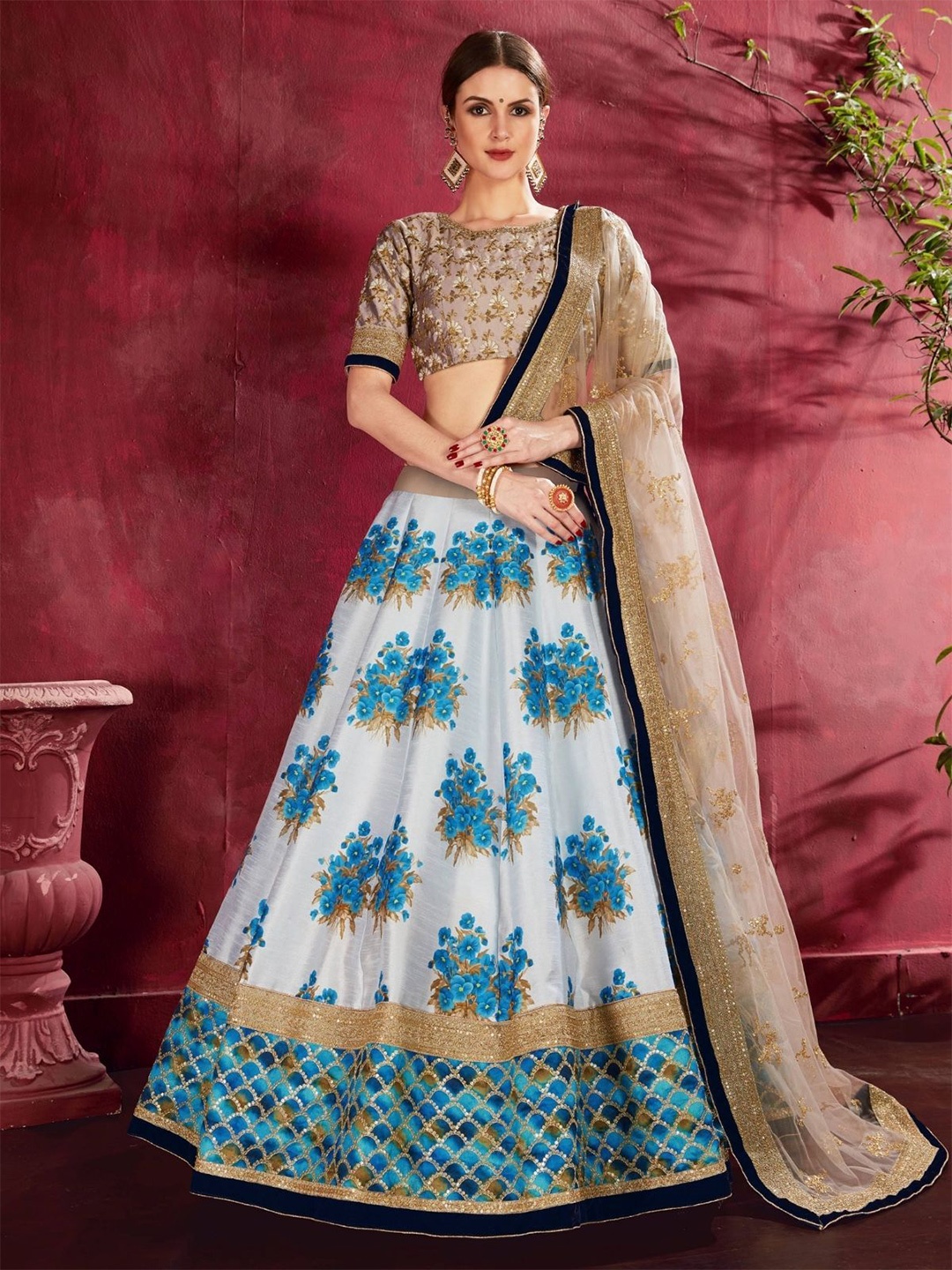 

ODETTE Printed Semi-Stitched Lehenga & Blouse With Dupatta, Beige