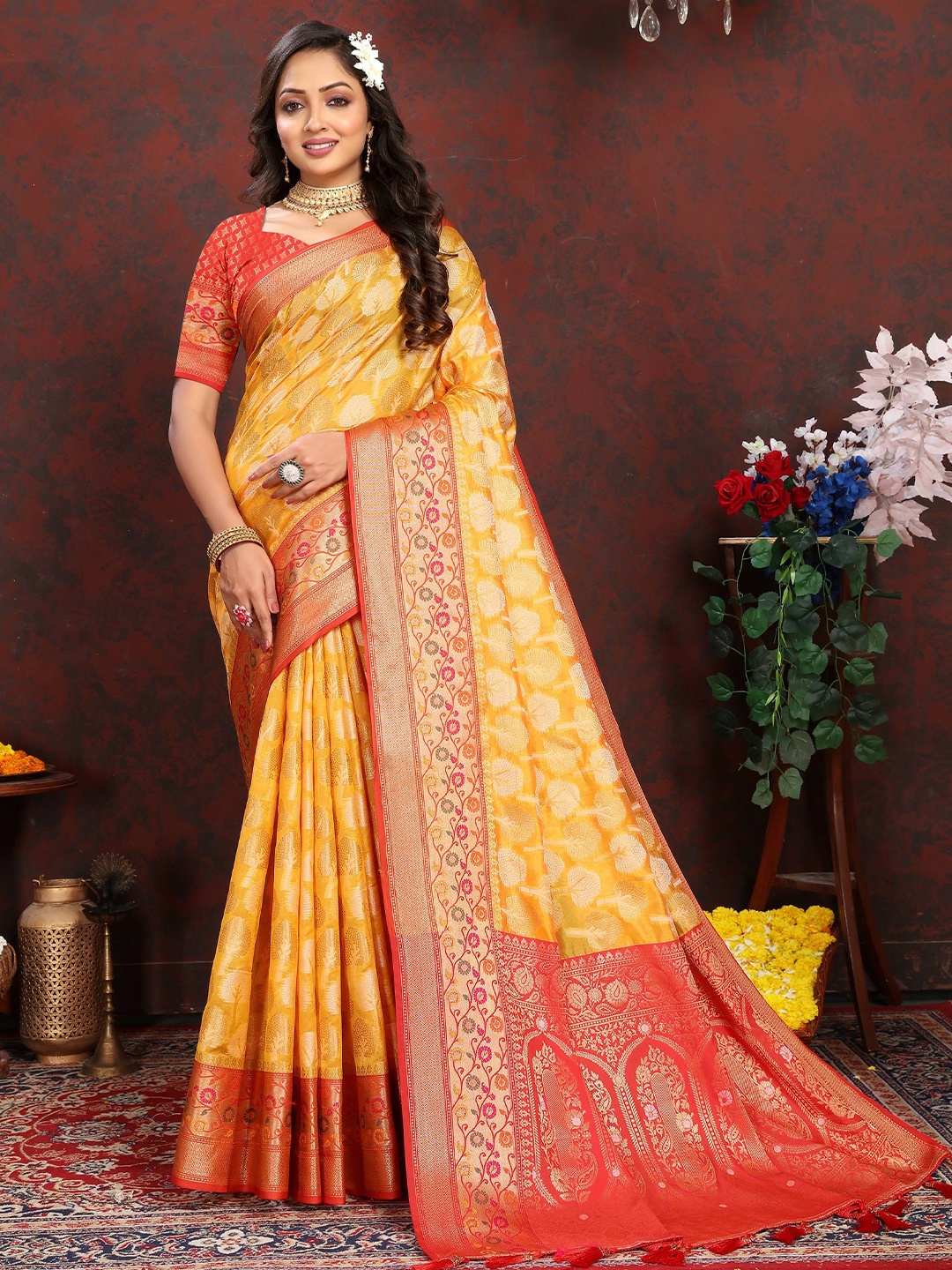 

Zeekha Woven Design Zari Pure Silk Kanjeevaram Saree, Mustard