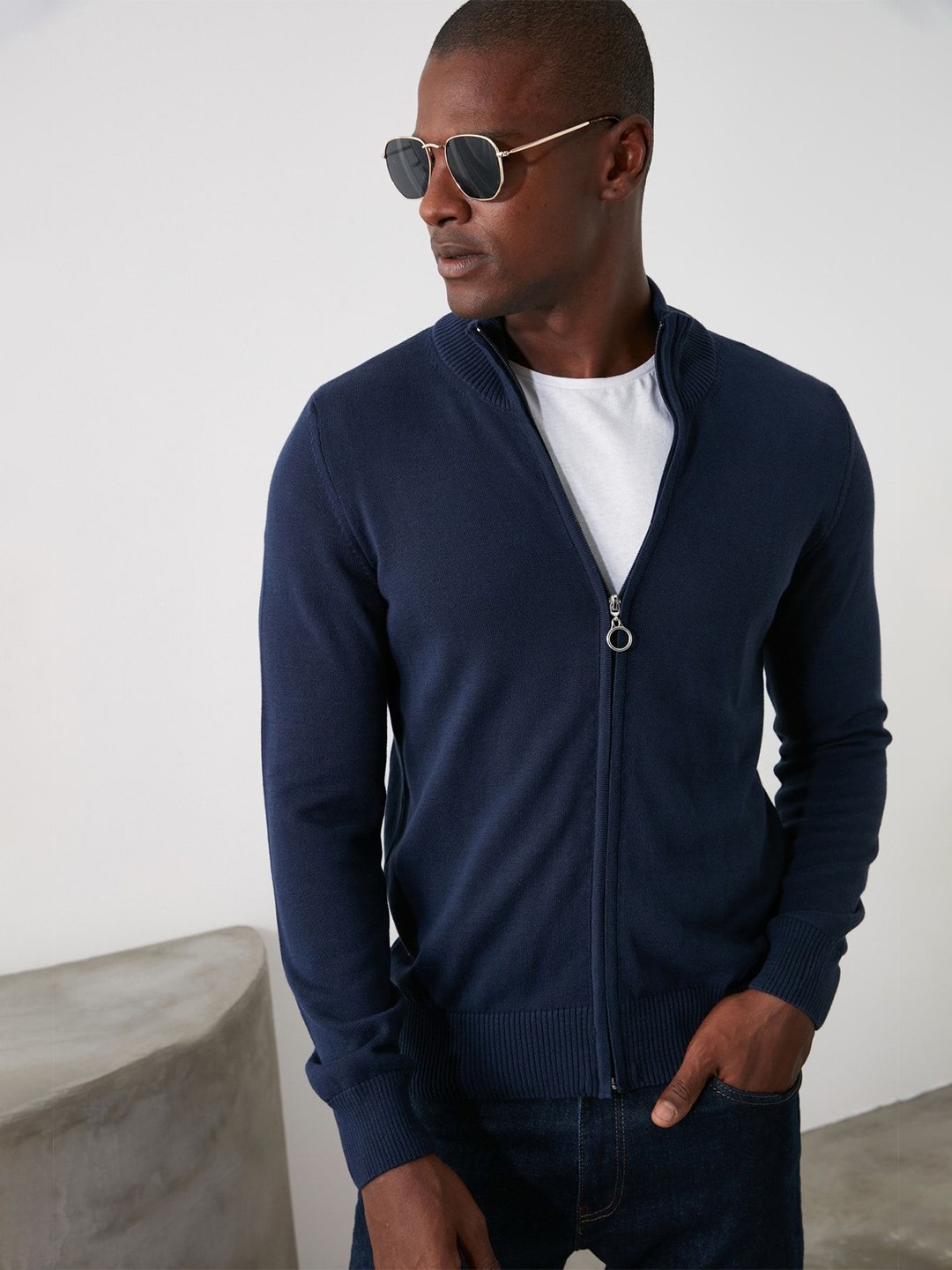 

Trendyol Men Mock Collar Cardigan, Navy blue