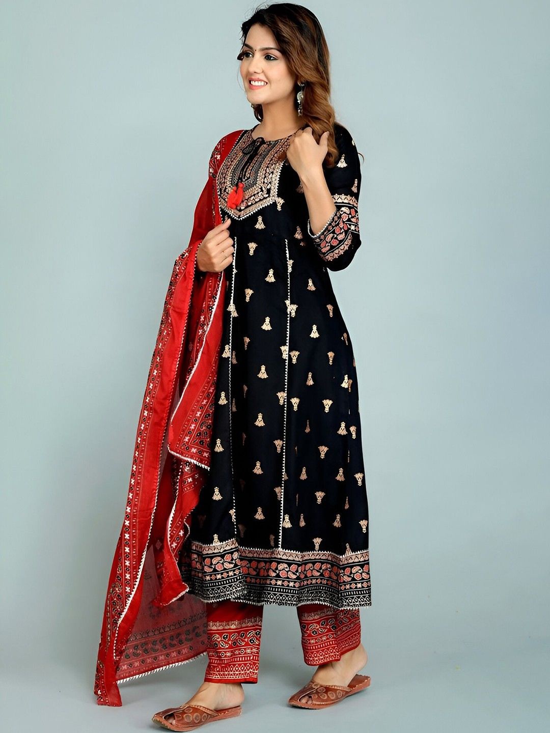 

Badrika Women Ethnic Motifs Embroidered Empire Thread Work Kurta with Trousers & With Dupatta, Black