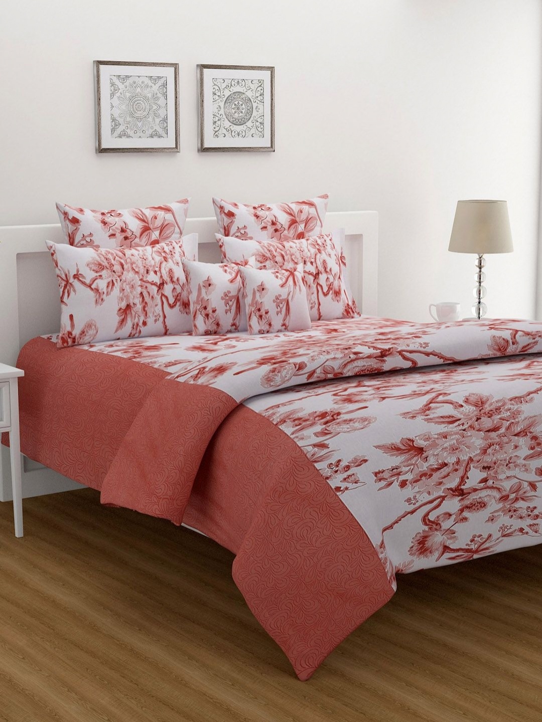 

SWAYAM White & Red Floral 160 TC King Bedsheet with 2 Pillow Covers