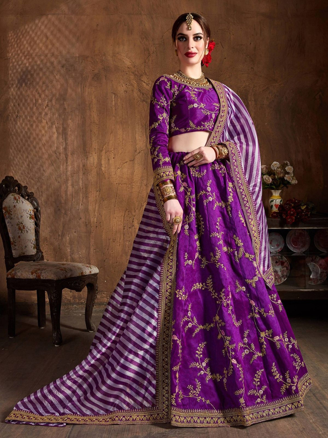 

ODETTE Floral Embroidered Zari Semi-Stitched Lehenga & Blouse With Dupatta, Purple