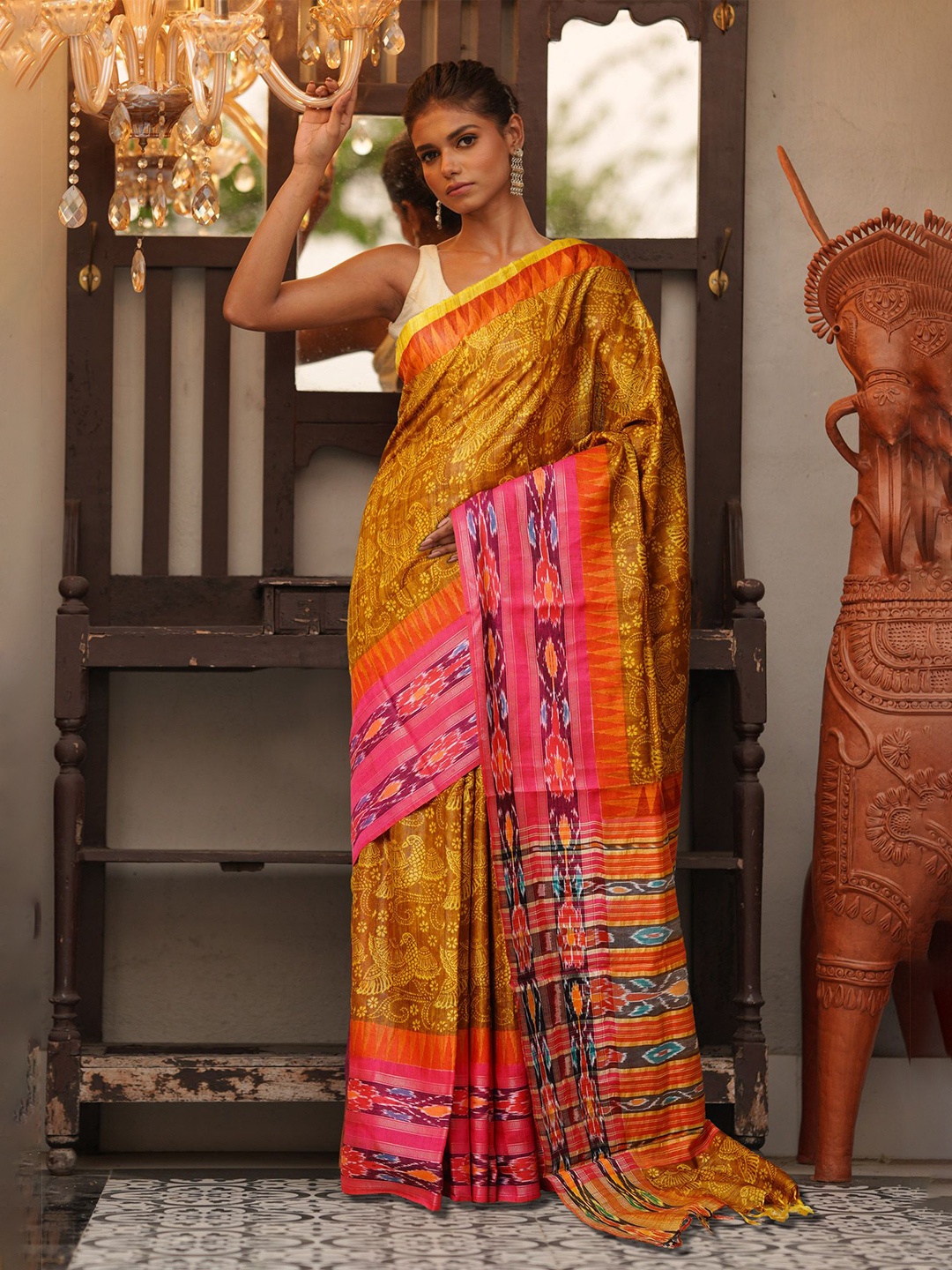 

Unnati Silks Ethnic Motifs Pure Silk Handloom Tussar Saree, Yellow