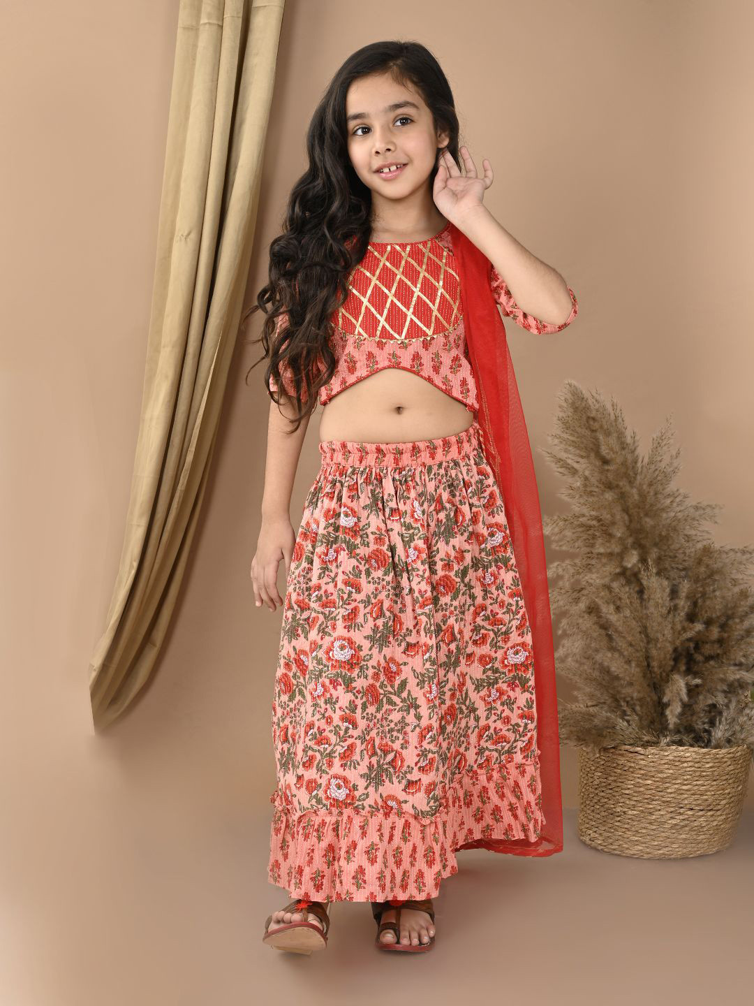 

Sangria Peach-Coloured Girls Floral Printed Katha Work Cotton Ready to Wear Lehenga Choli