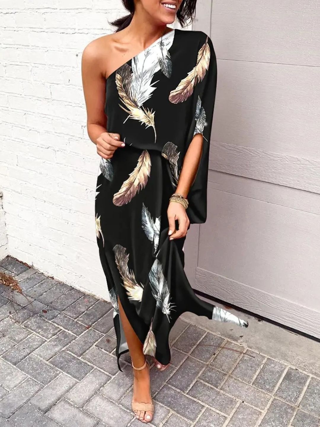 

KPOP Women Tropical Print One Shoulder A-Line Maxi Dress, Black