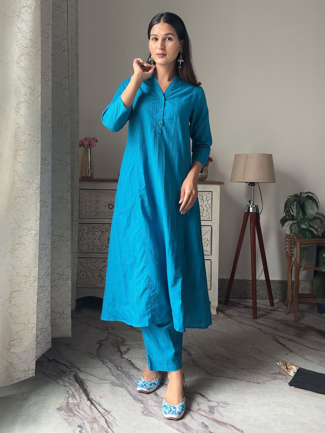 

Janasya Self Design Pure Cotton Tunic With Trousers, Blue