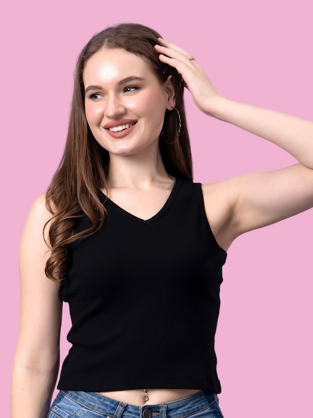 

Friskers Women Solid V-Neck Cotton Top, Black