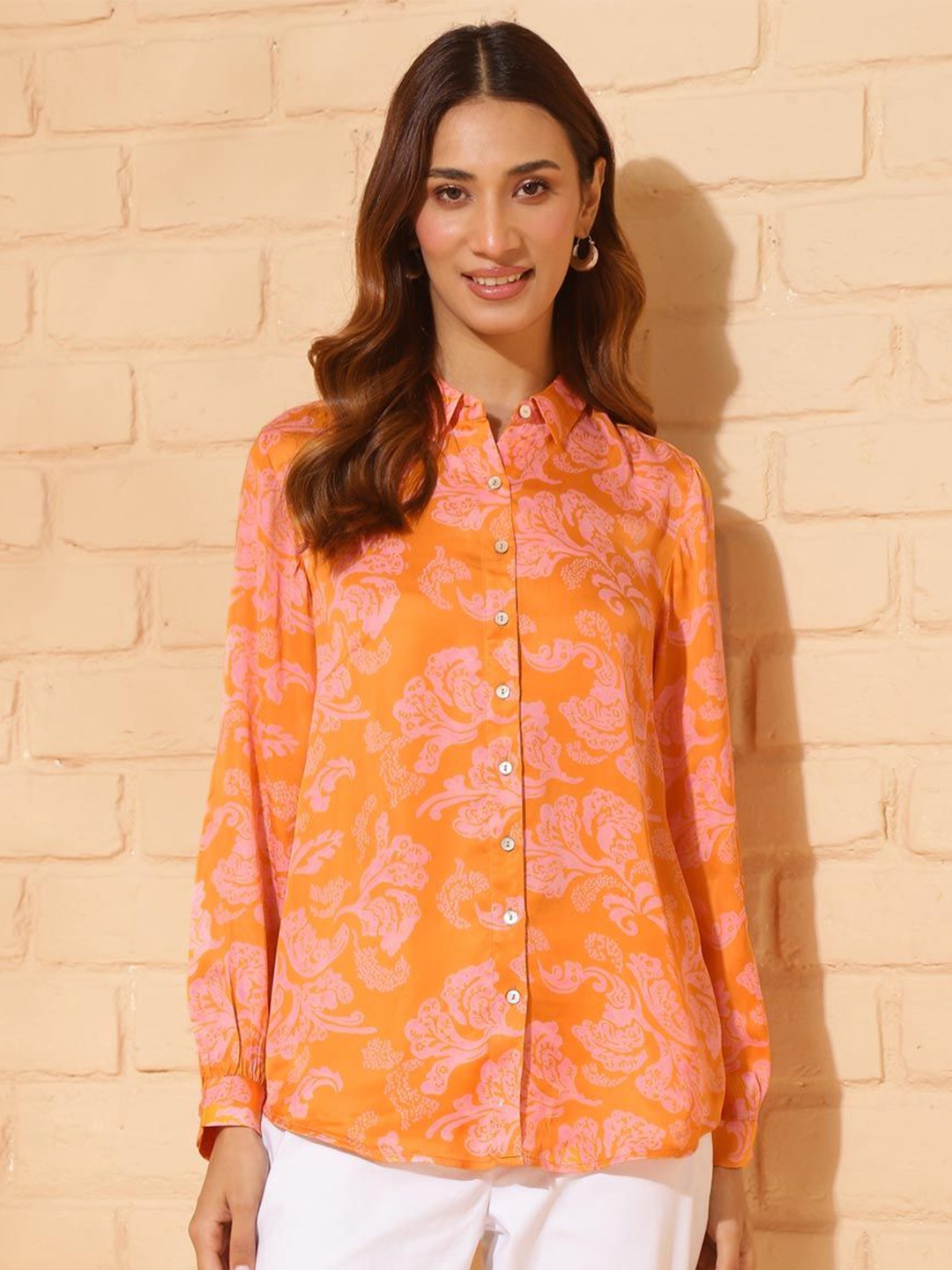 

Fabindia Women Spread Collar Ethnic Motifs Printed Party Shirt, Orange