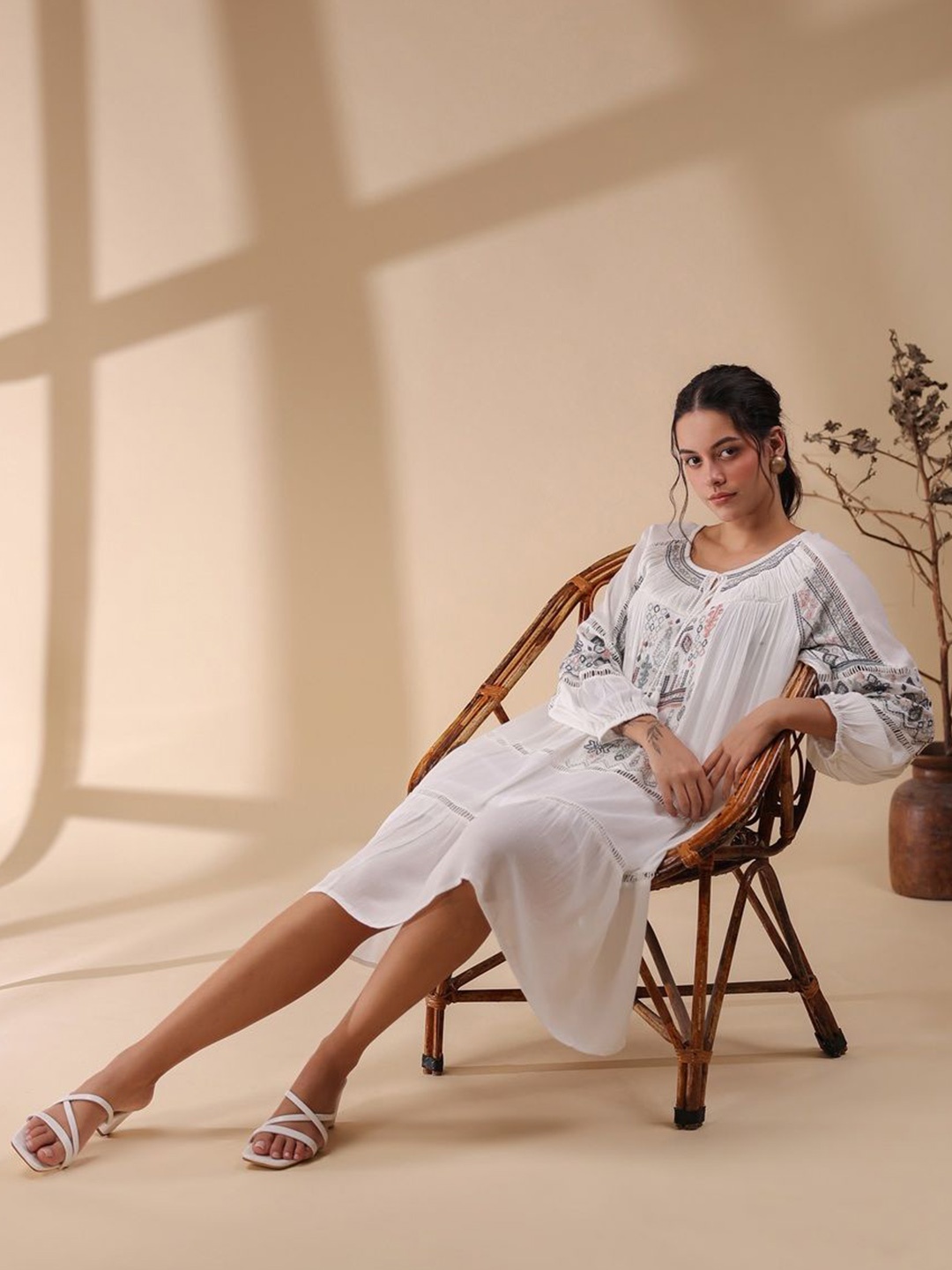 

Nyaro Embroidered Keyhole Neck Empire Dress, White