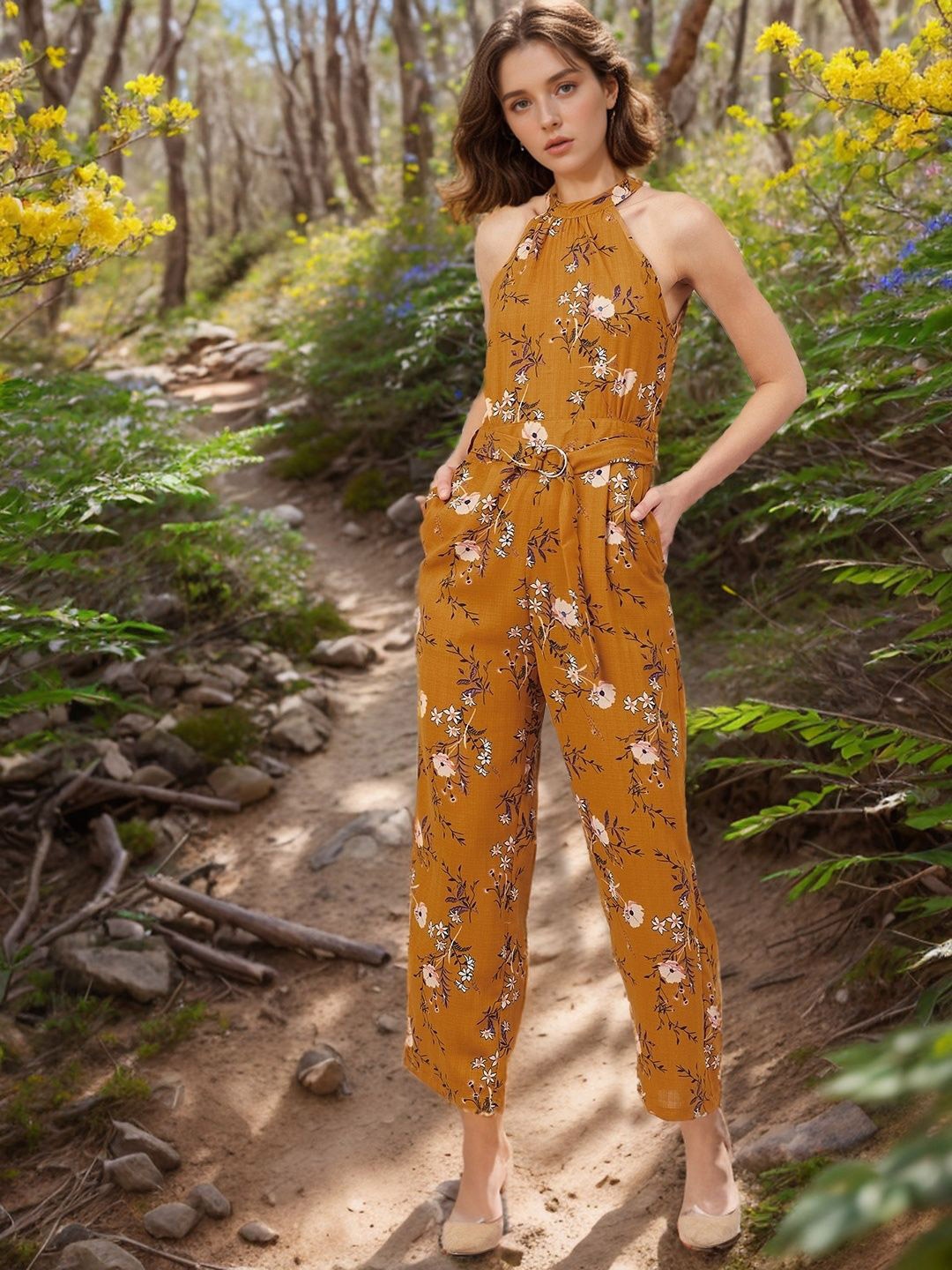 

RARE Women Halter Neck Printed Basic Jumpsuit, Mustard