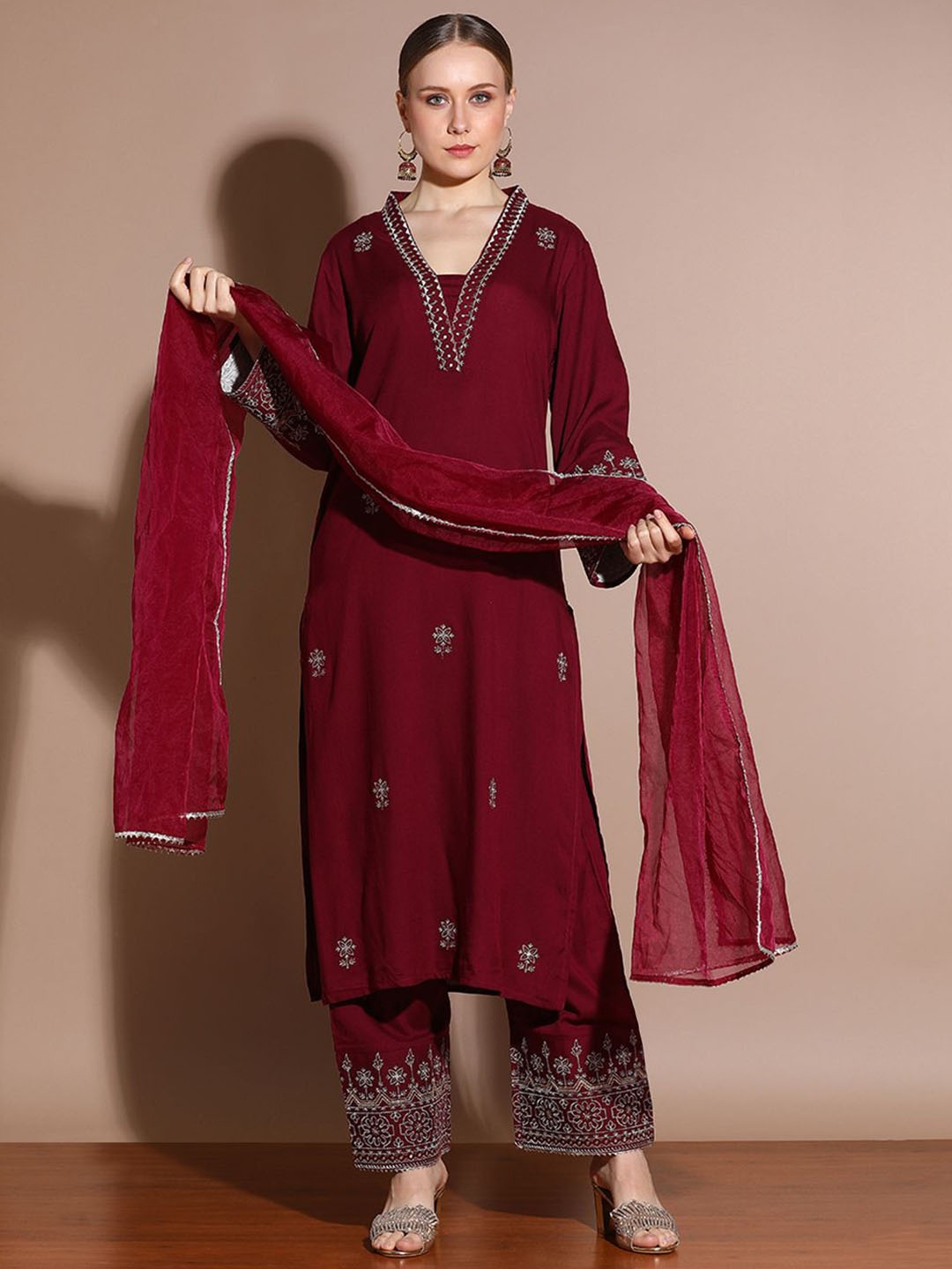 

Anouk Ethnic Motifs Embroidered Regular Straight Kurta with Palazzos & Dupatta, Maroon