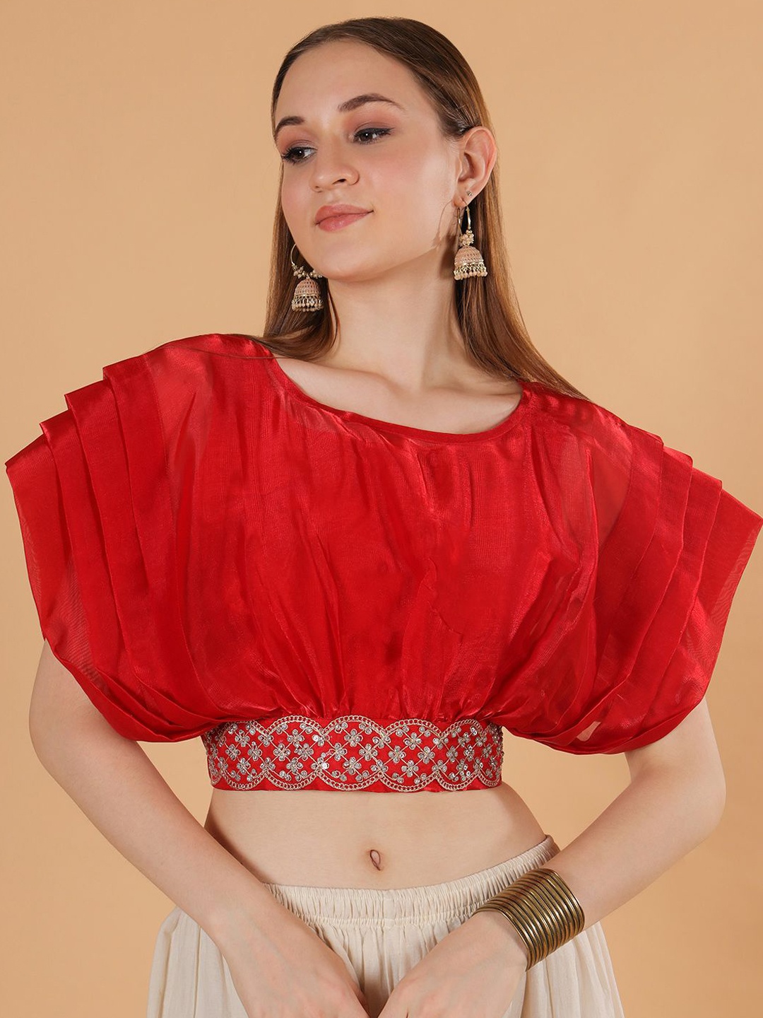 

Frolic Rolic Solid Organza Round Neck Embellished Belt Saree Blouse With Inner Cami, Red