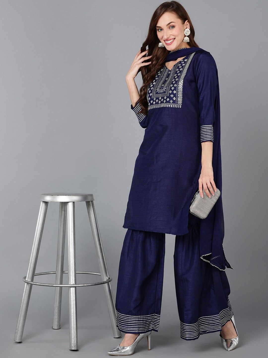 

KALINI Women Embroidered Regular Sequinned Kurta with Sharara & With Dupatta, Navy blue