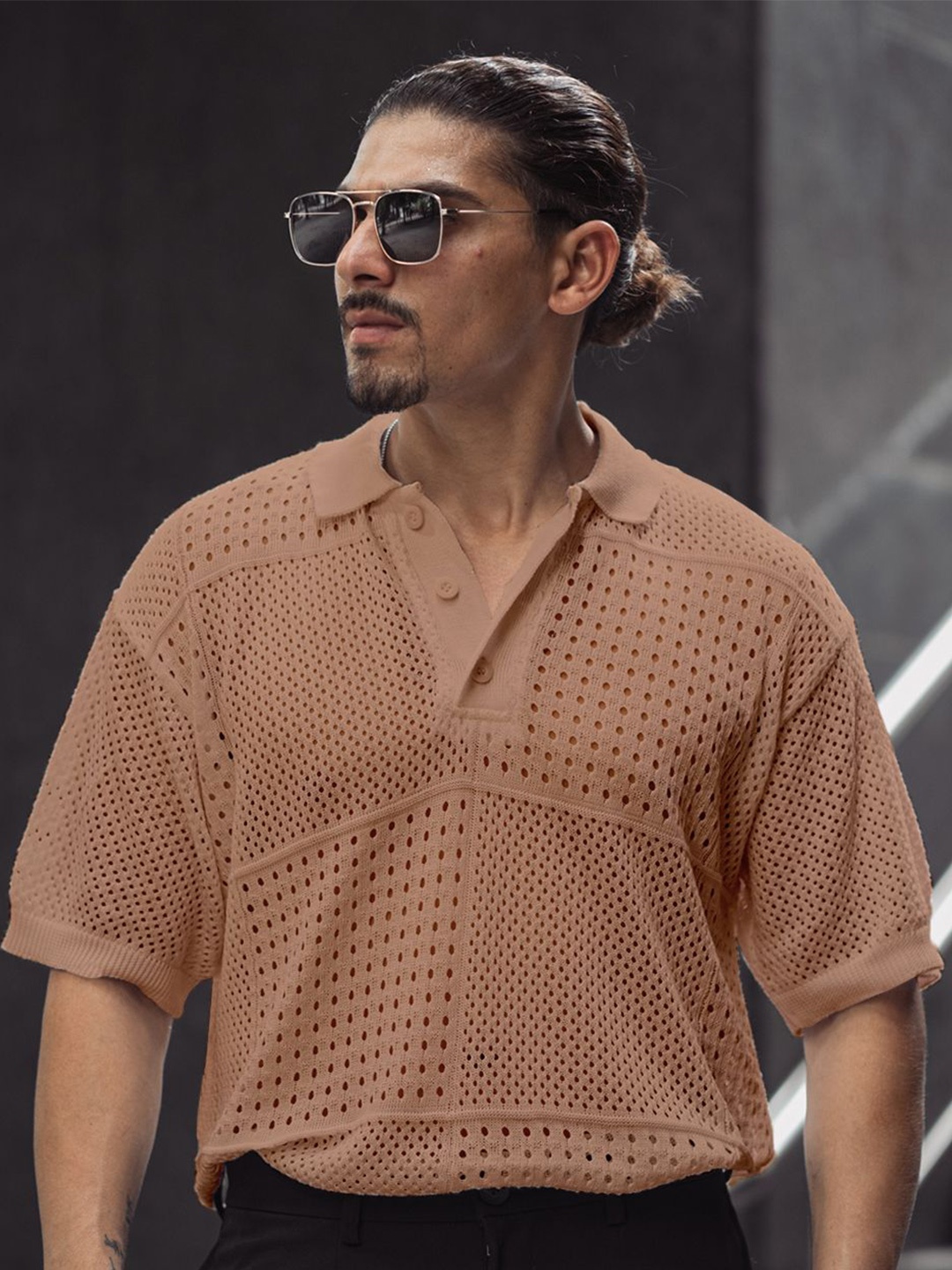 

Powerlook Men Self Design Polo Collar Oversized T-shirt, Brown