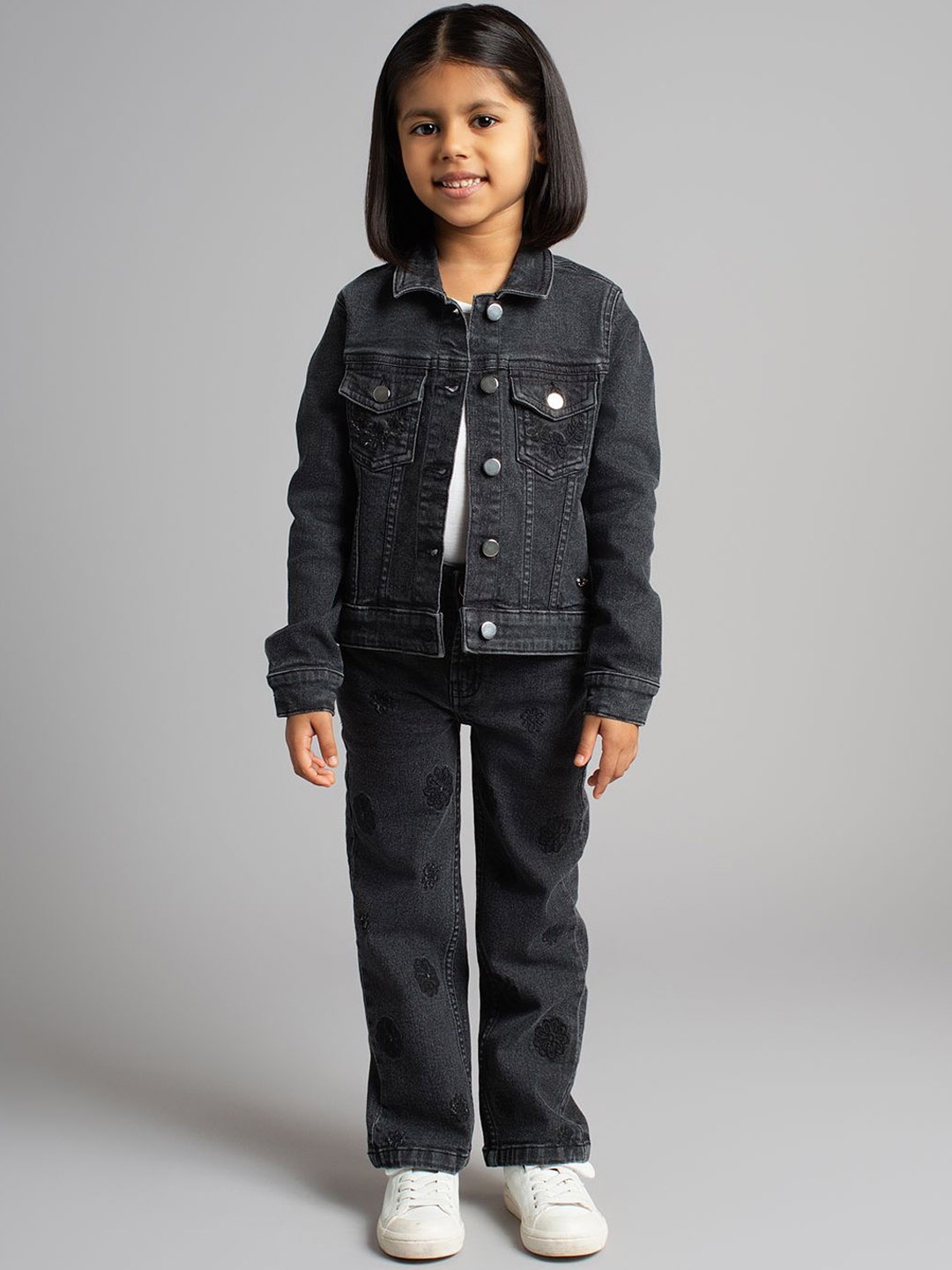 

Ed-a-Mamma Girls Floral Outdoor Denim Jacket with Embroidered, Black