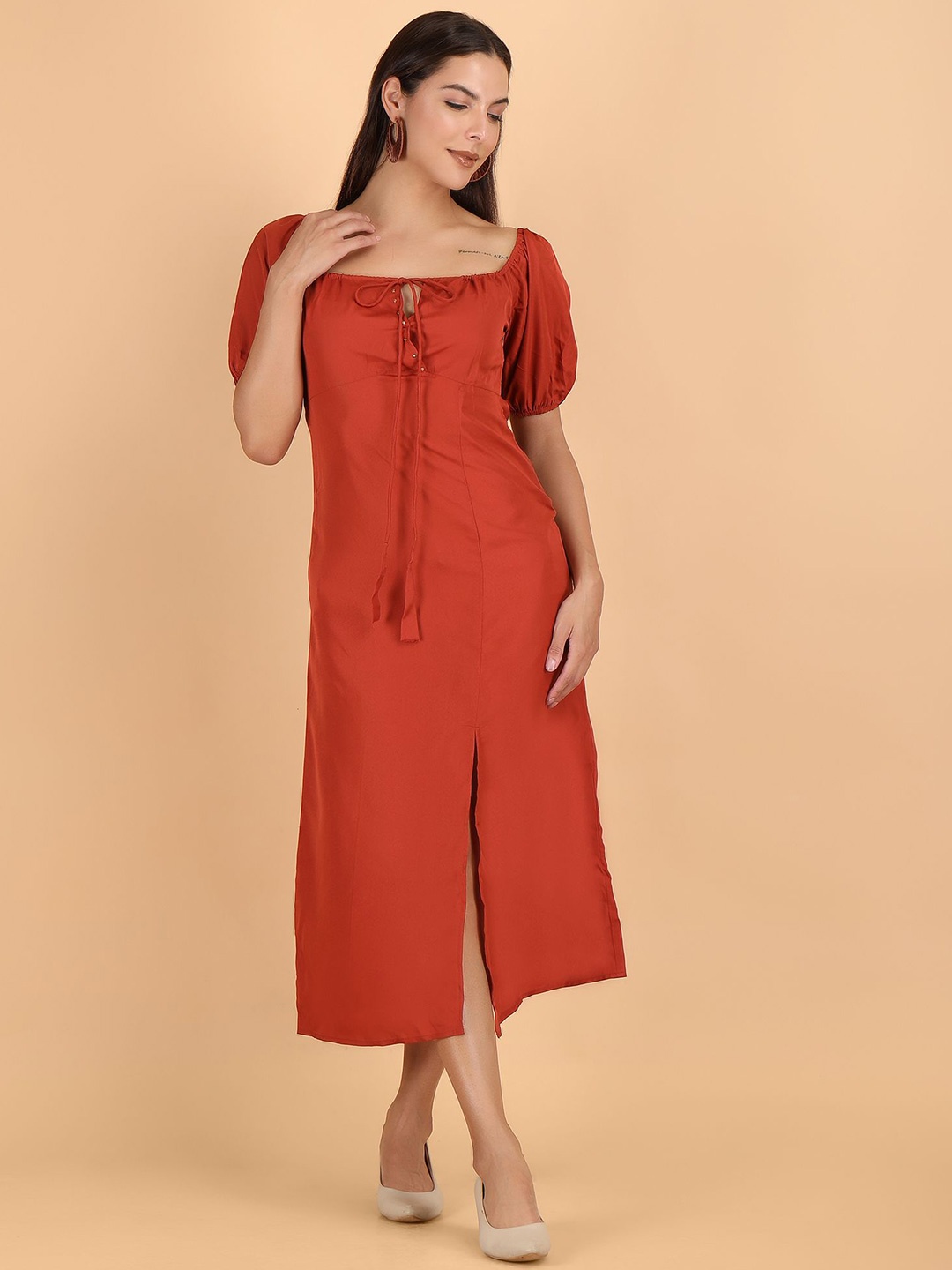 

Sipsew Embroidered Puff Sleeve Crepe Empire Dress, Rust