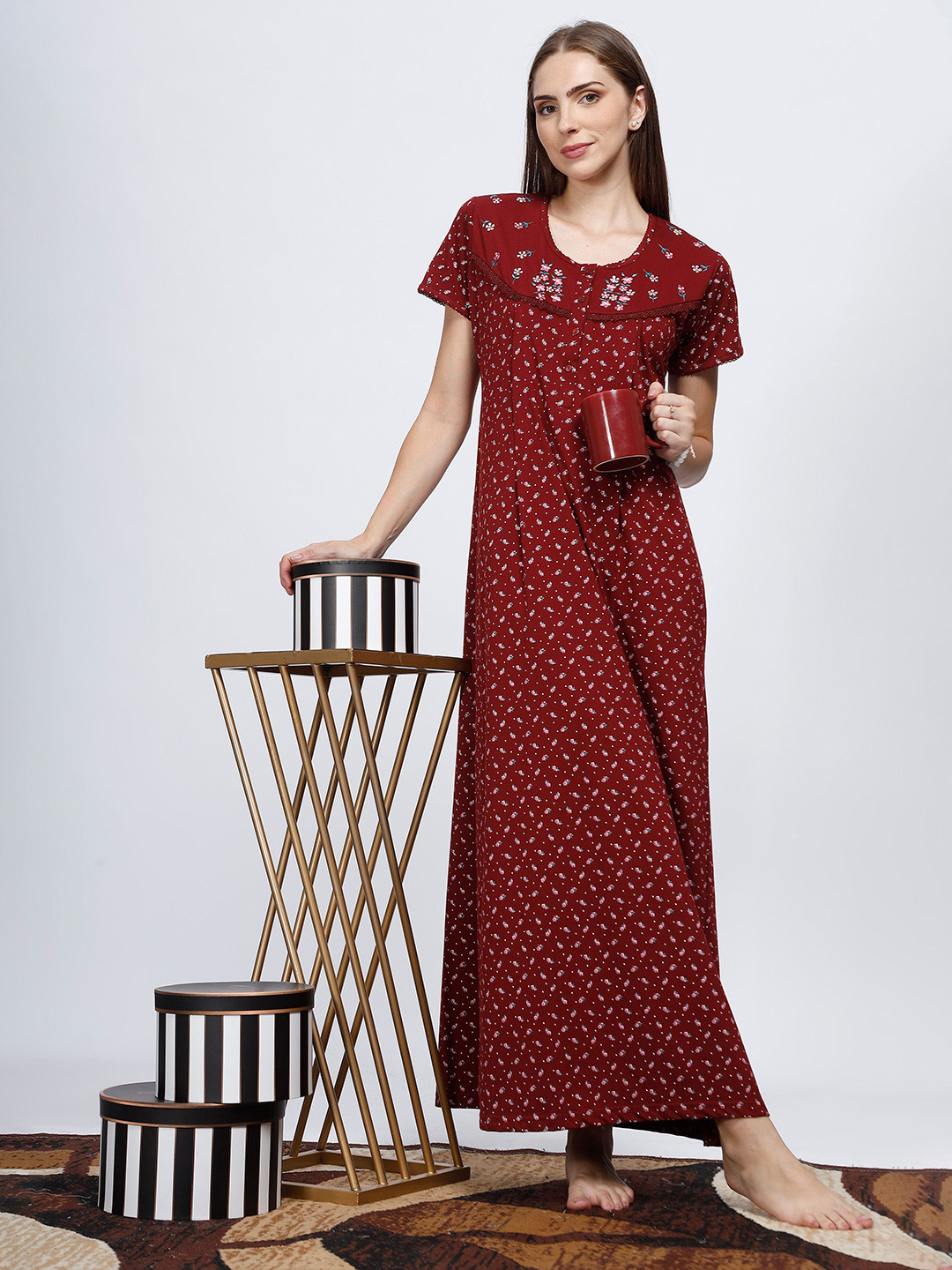 

9shines Label Women Printed Maxi Nightdress, Maroon