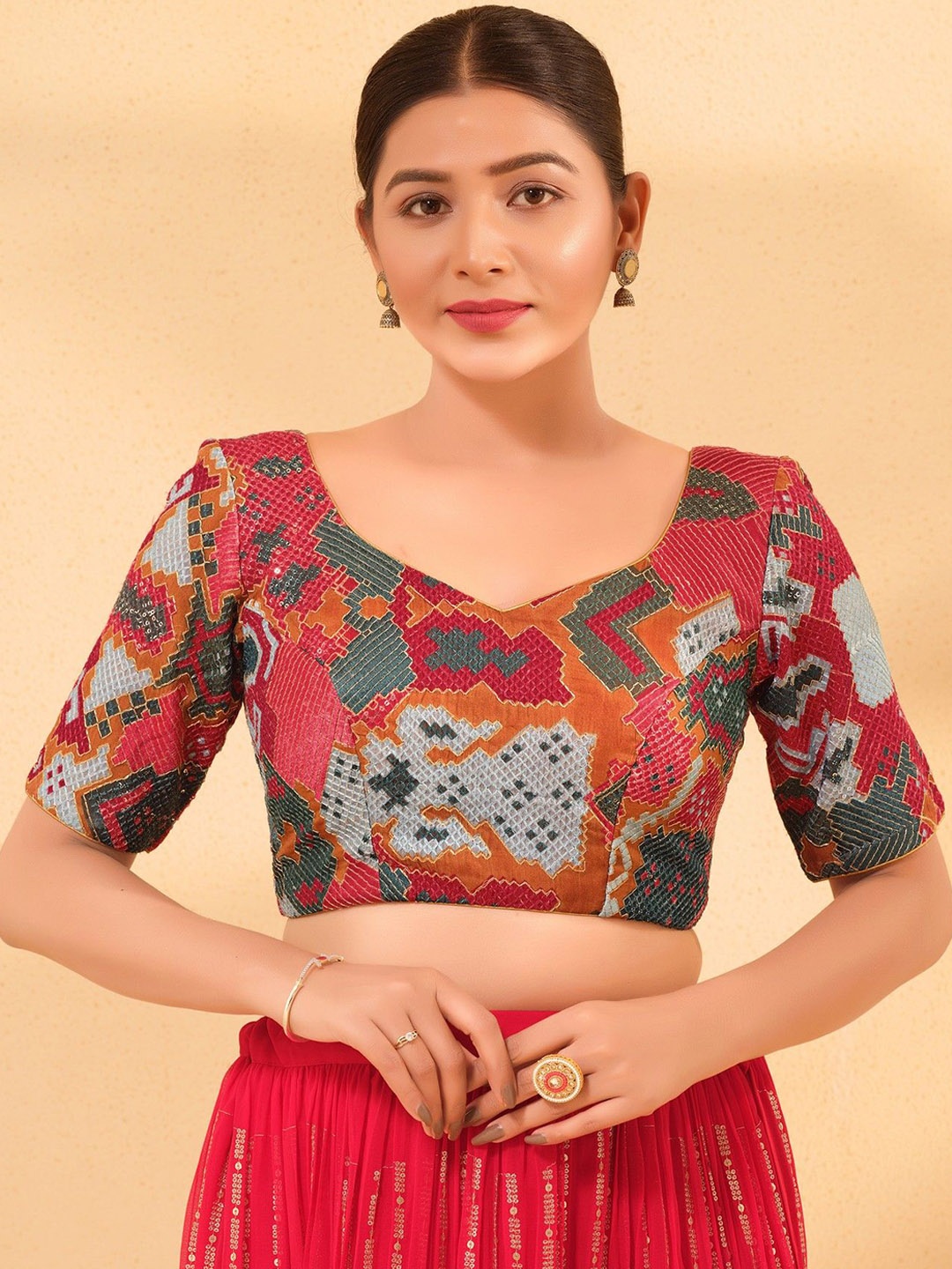 

Mmore Embroidered Padded Saree Blouse, Red