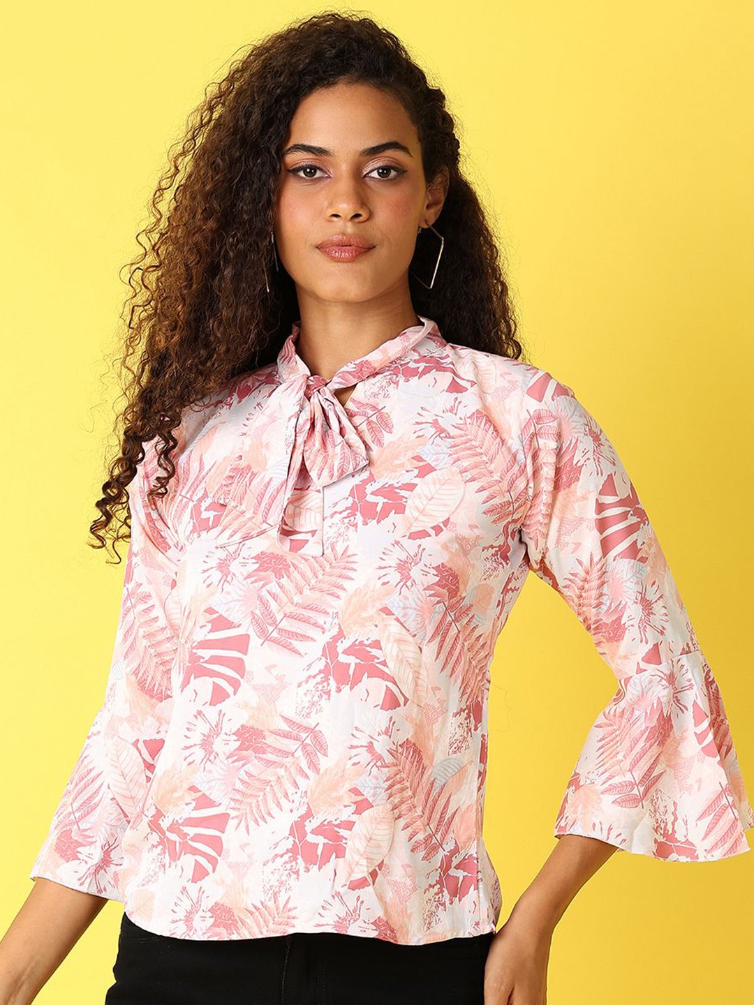

V-Mart Women Floral Printed Tie-Ups Neck Cotton Top, Pink