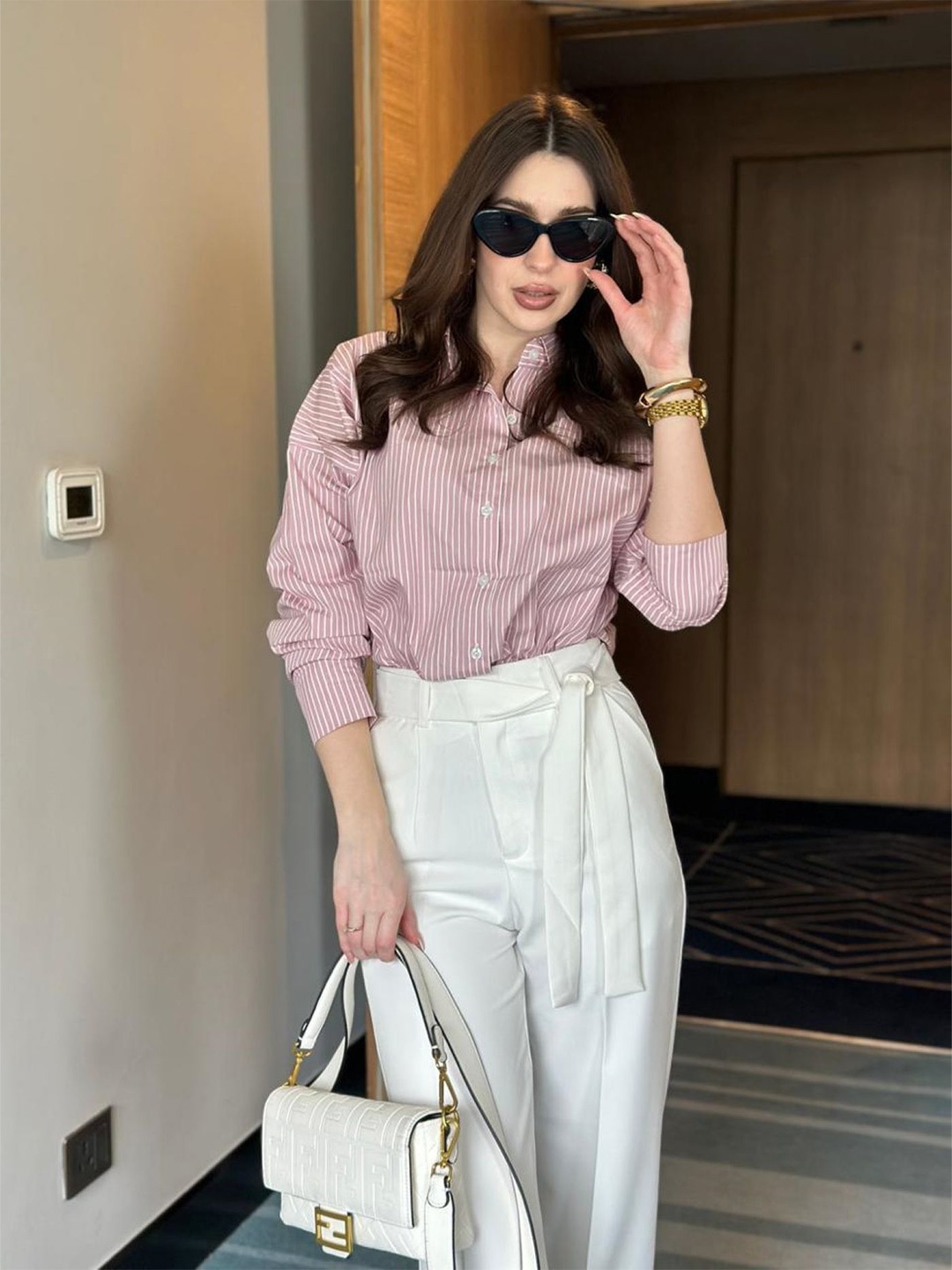 

StyleAsh Women Spread Collar Vertical Striped Cotton Oversized Casual Shirt, Pink