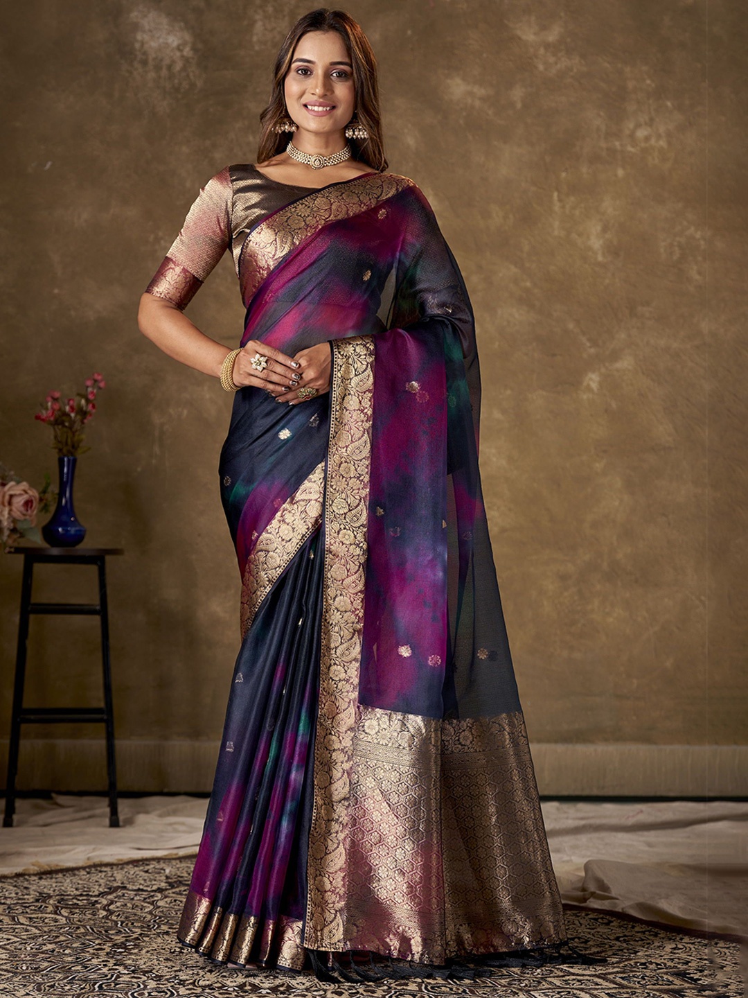 

KAYOMMI Tie and Dye Zari Organza Banarasi Saree, Purple