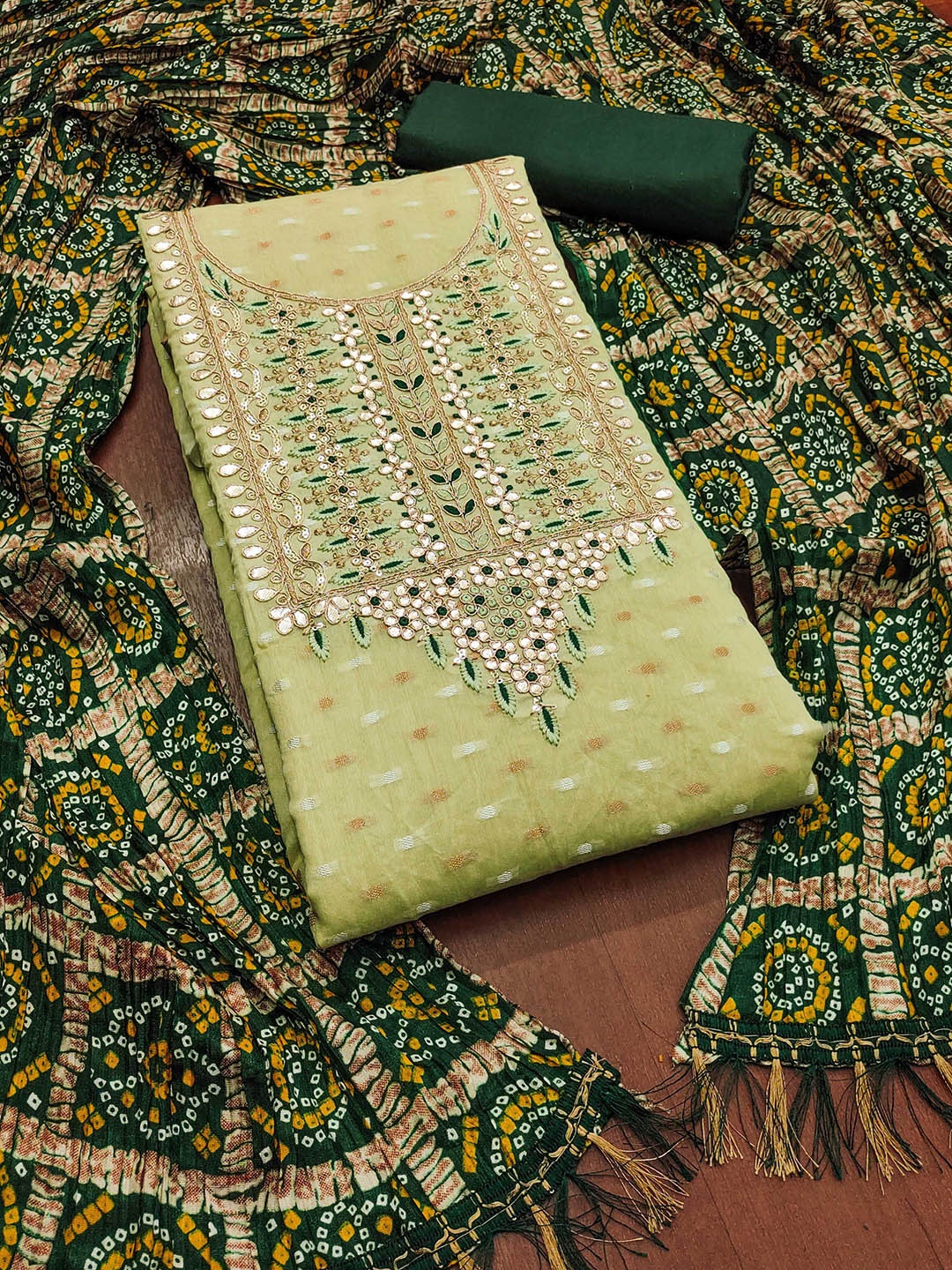 

KALINI Ethnic Motifs Embroidered Beads and Stones Unstitched Dress Material, Green