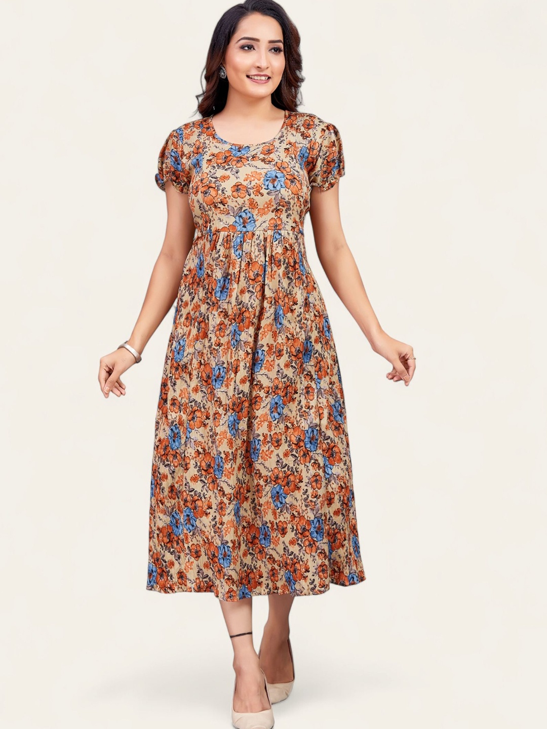 

RITIJYA Floral Printed Maternity Fit & Flare Midi Dress, Beige