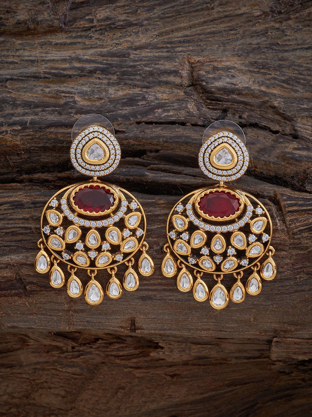 

Kushal's Fashion Jewellery Copper Kundan Studded Teardrop Shaped Drop Earrings, Red