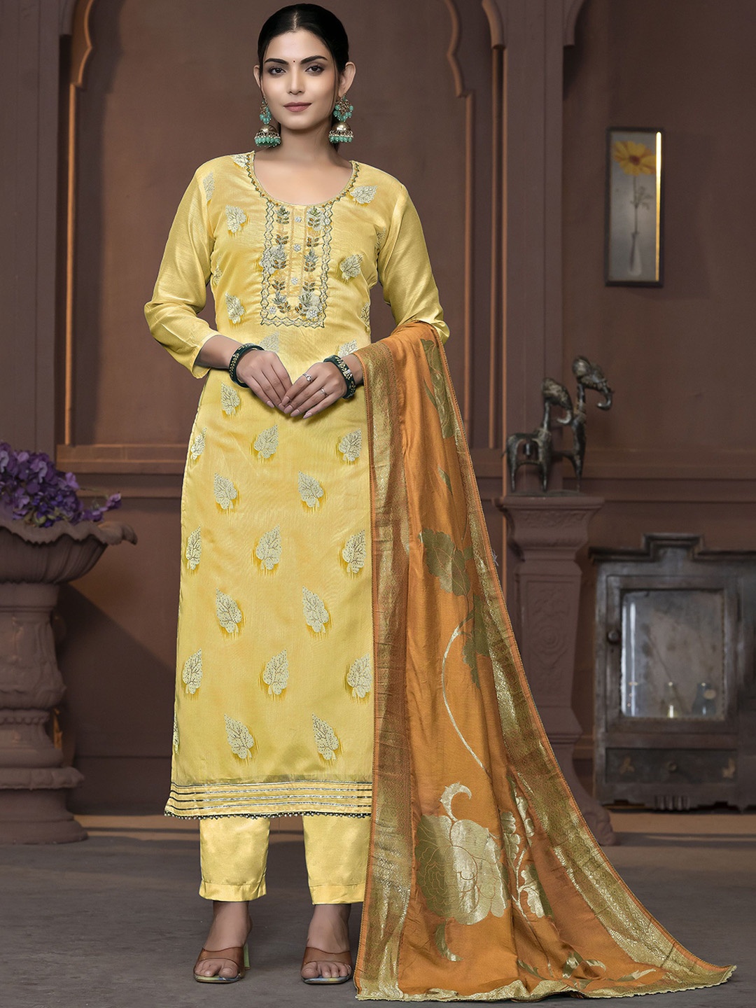 

MANVAA Woven Design Unstitched Dress Material, Yellow