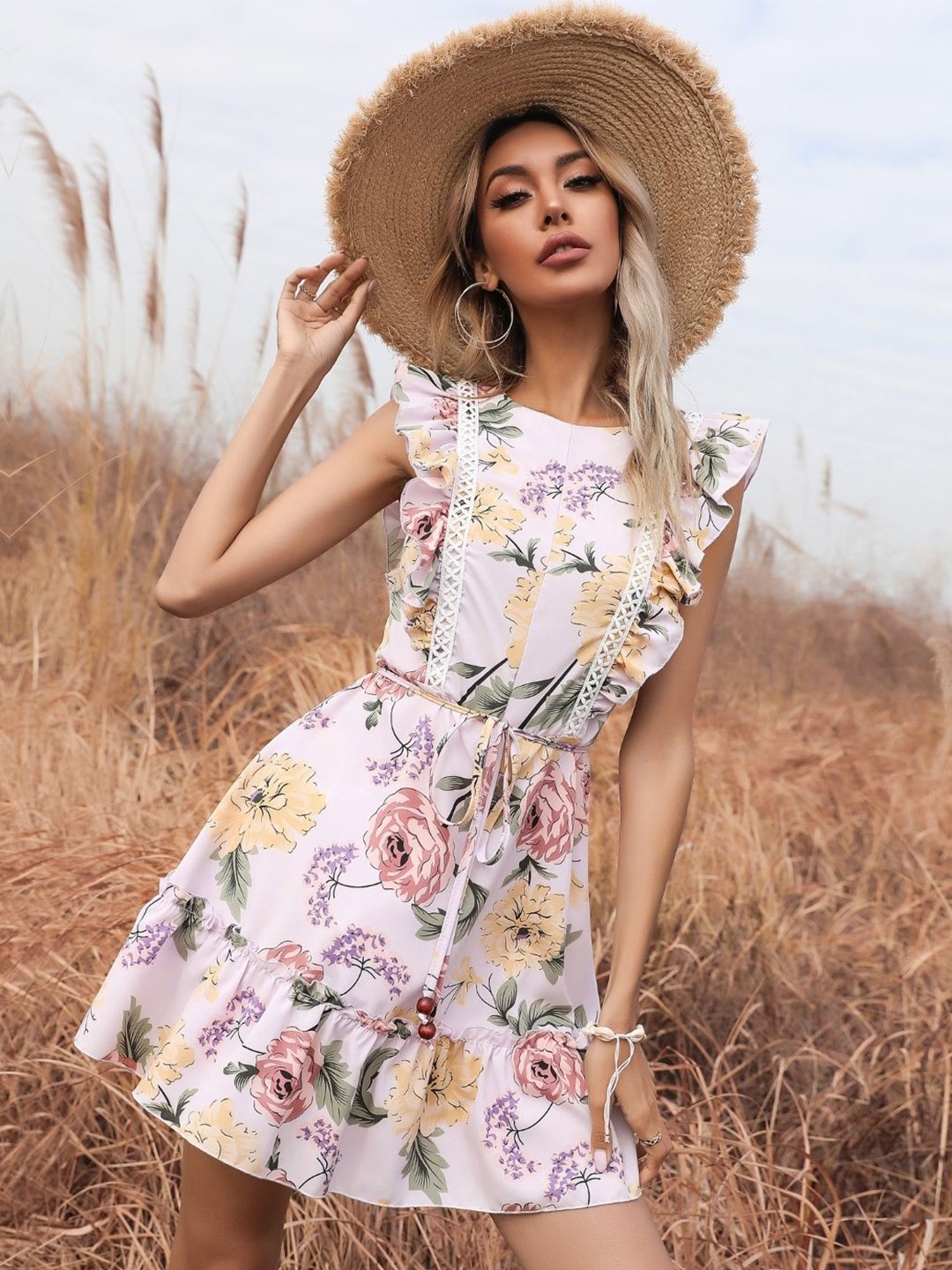 

KPOP Women Floral Printed A-Line Dress, Purple