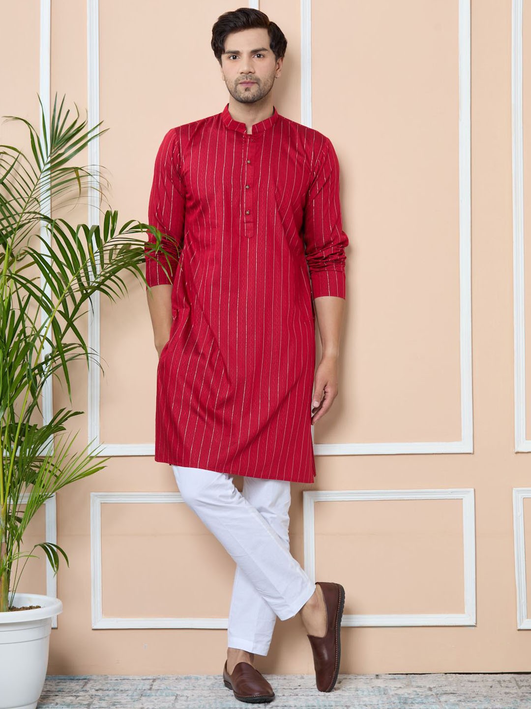 

See Designs Men Striped Regular Kurta with Pyjamas, Red