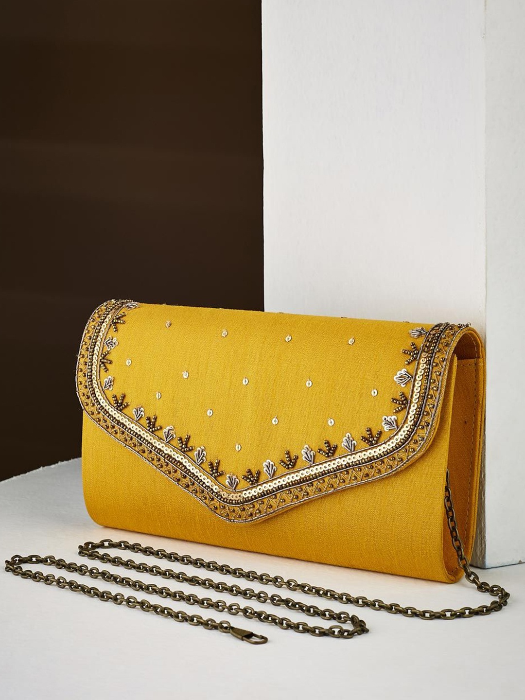 

Fabindia Embroidered Envelope Clutch, Mustard