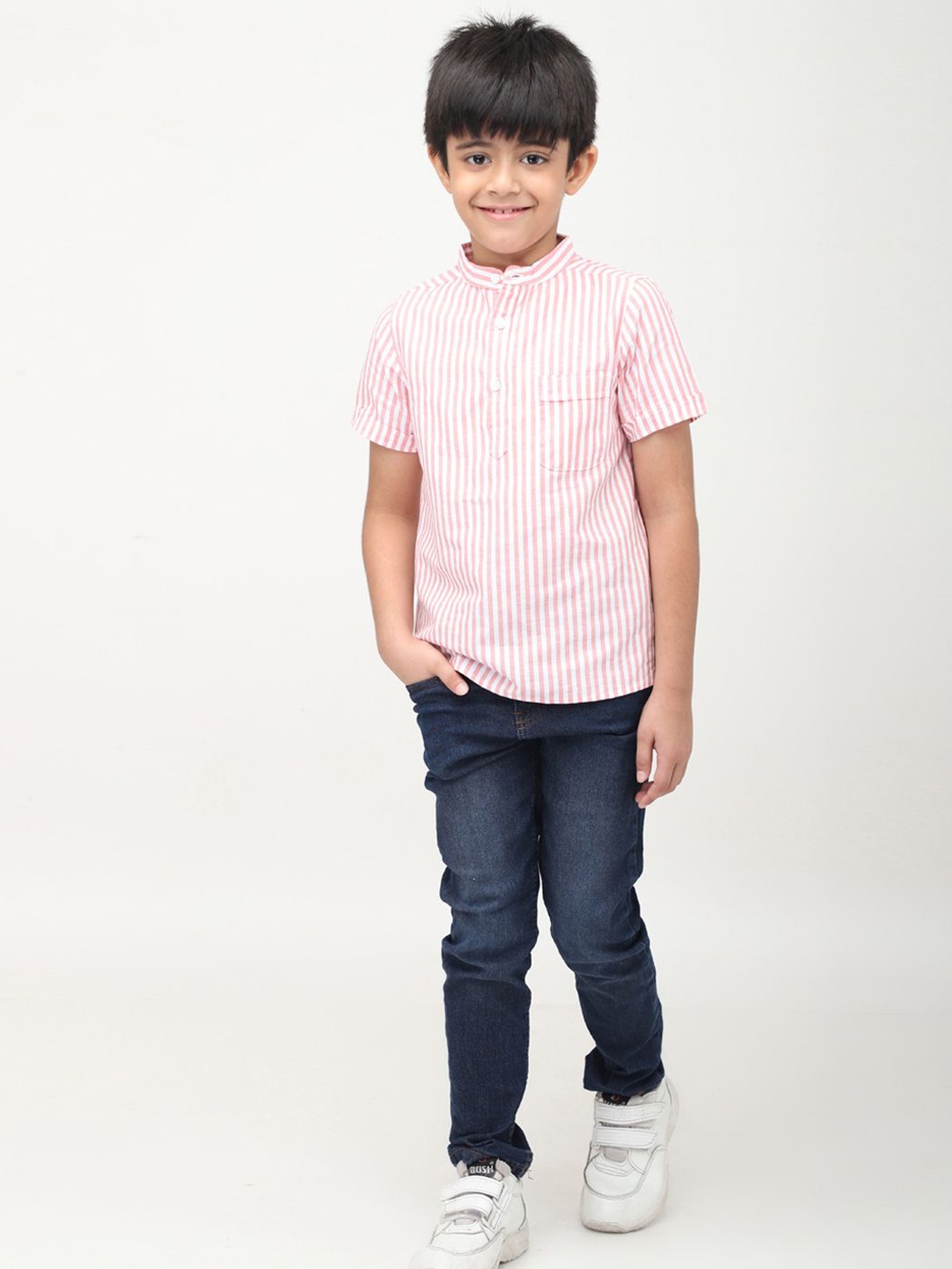 

Biglilpeople Boys Standard Mandarin Collar Vertical Striped Cotton Casual Shirt, Peach