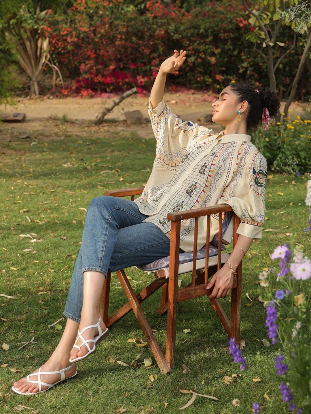 

Nyaro Geometric Print Bohemian Shirt Style Top, Beige
