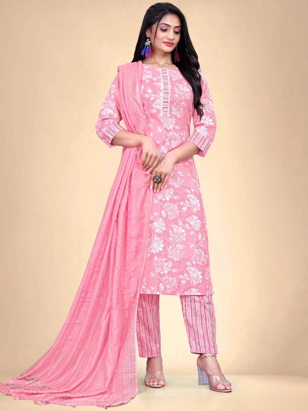 

Abhilasha Women Floral Printed Regular Kurta with Trousers & With Dupatta, Pink