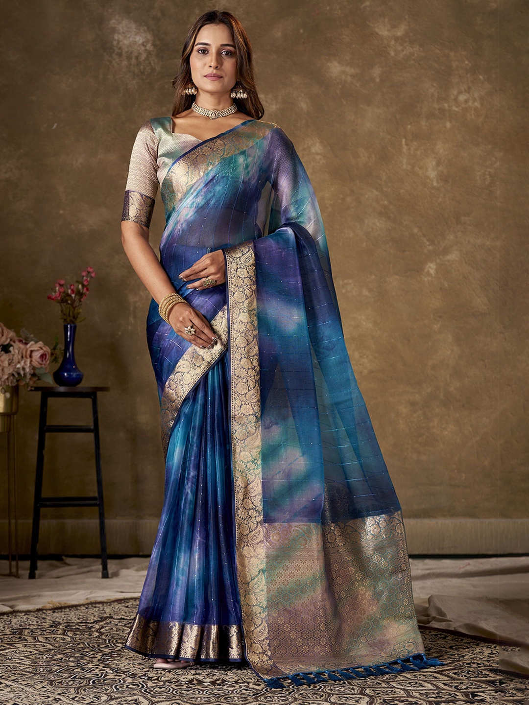 

KAYOMMI Tie and Dye Zari Organza Banarasi Saree, Blue
