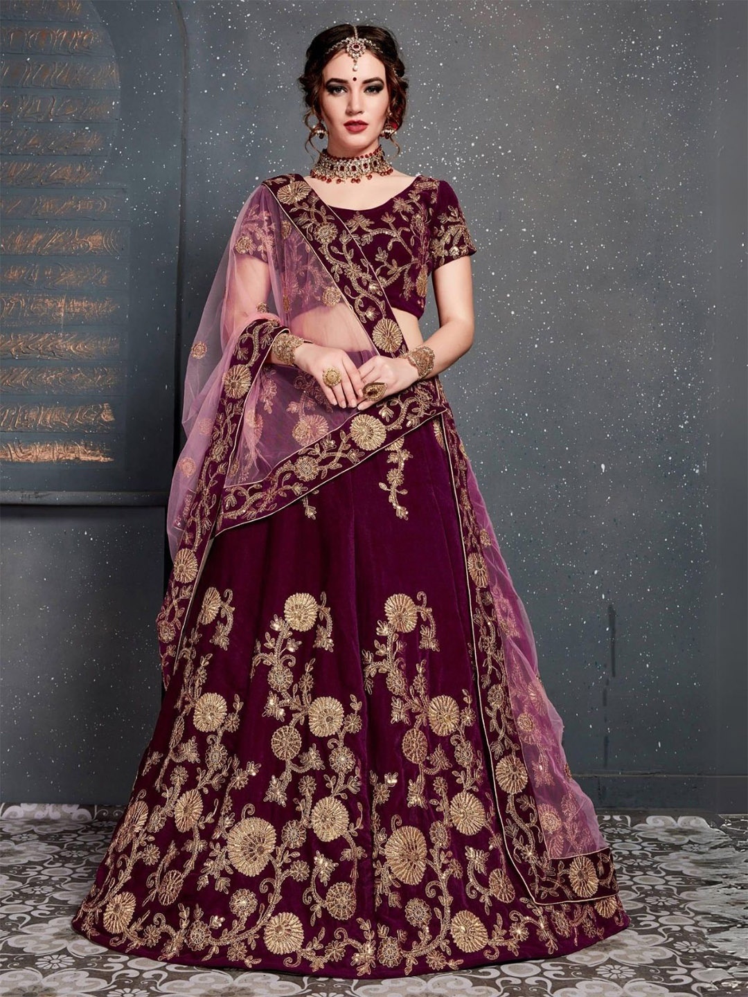 

ODETTE Embroidered Semi-Stitched Lehenga & Blouse With Dupatta, Purple