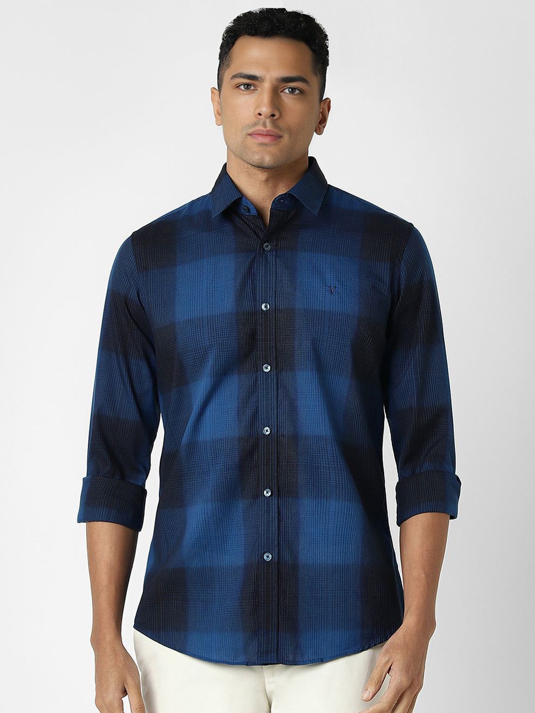 

Van Heusen Sport Men Spread Collar Windowpane Checked Cotton Slim Fit Casual Shirt, Blue