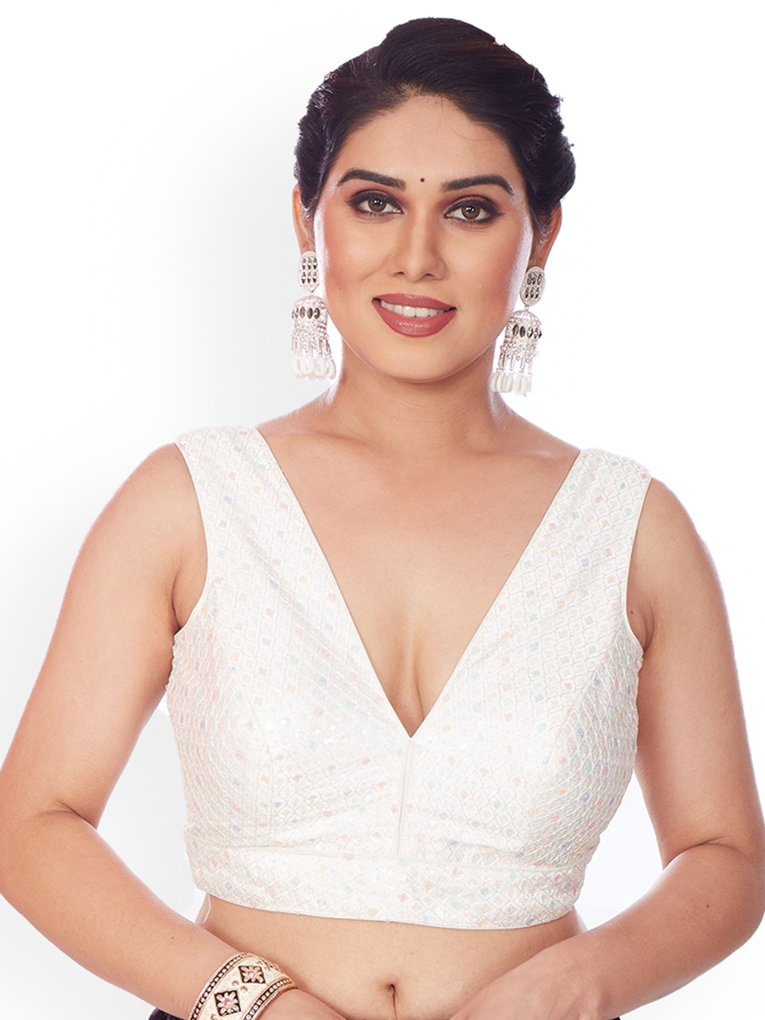 

Mmore Embroidered Padded Saree Blouse, Cream