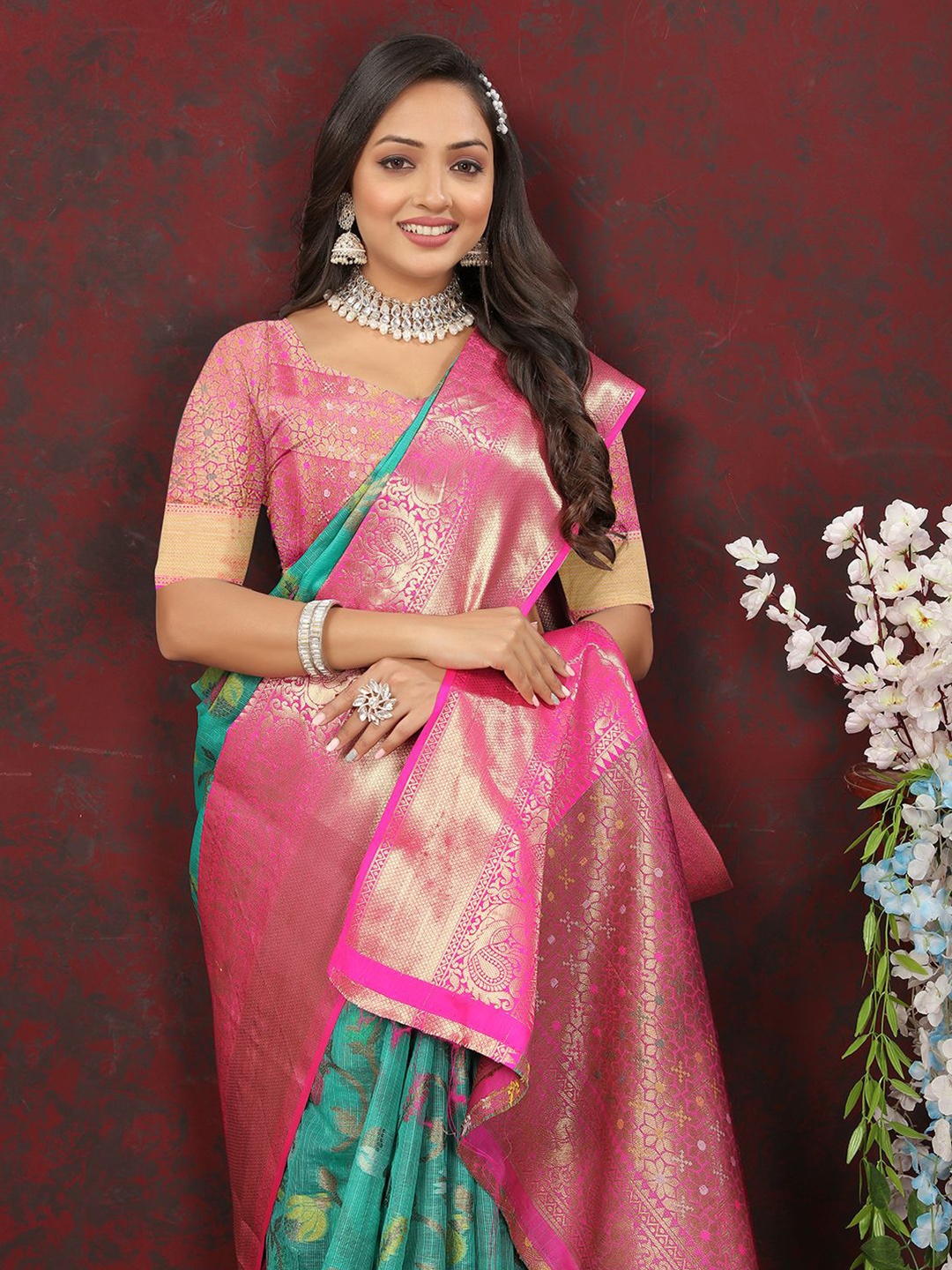 

NIWAA Woven Design Zari Pure Silk Kanjeevaram Saree, Turquoise blue