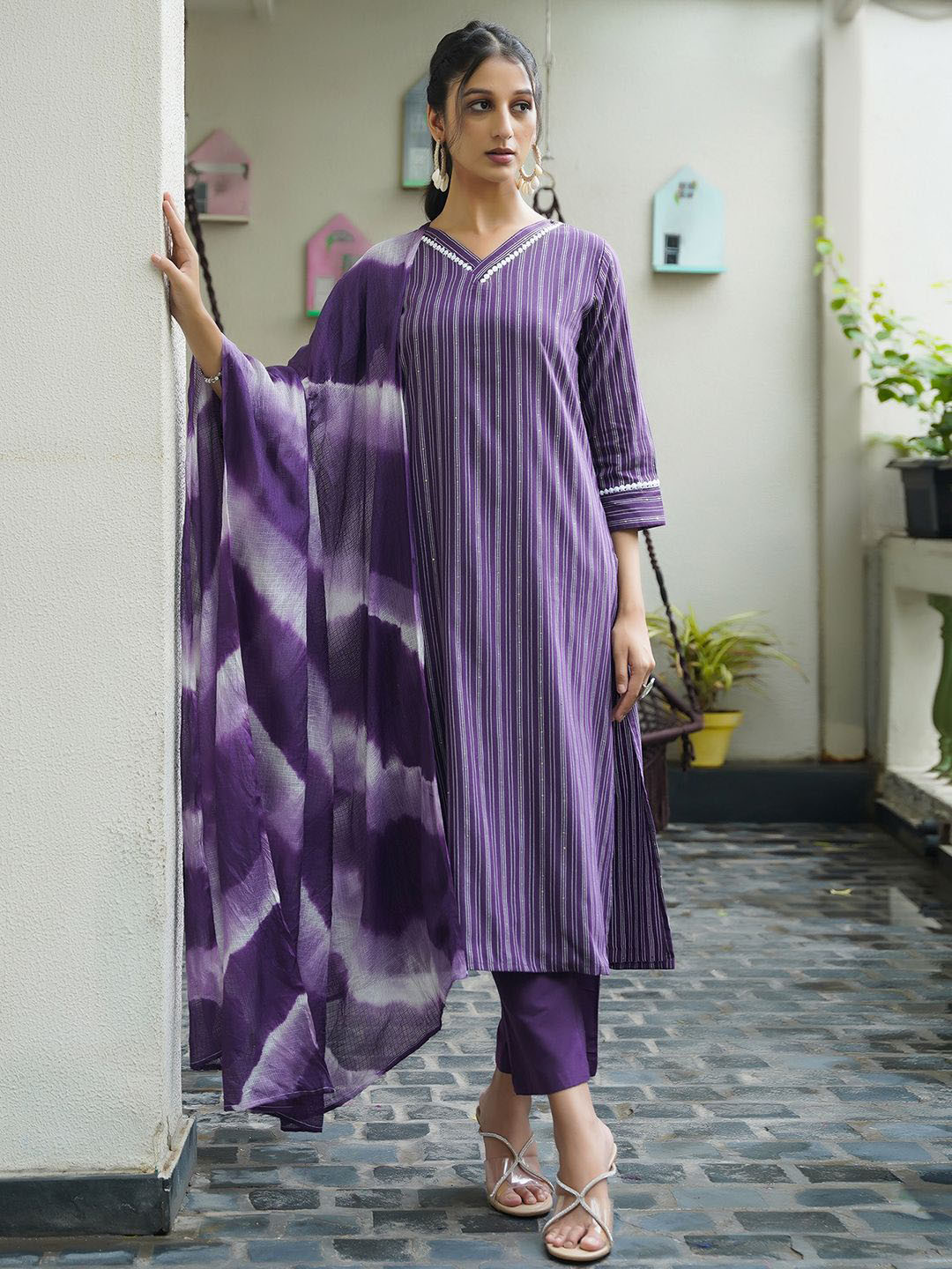 

KALINI Striped Sequinned Kurta with Trousers & Dupatta, Purple