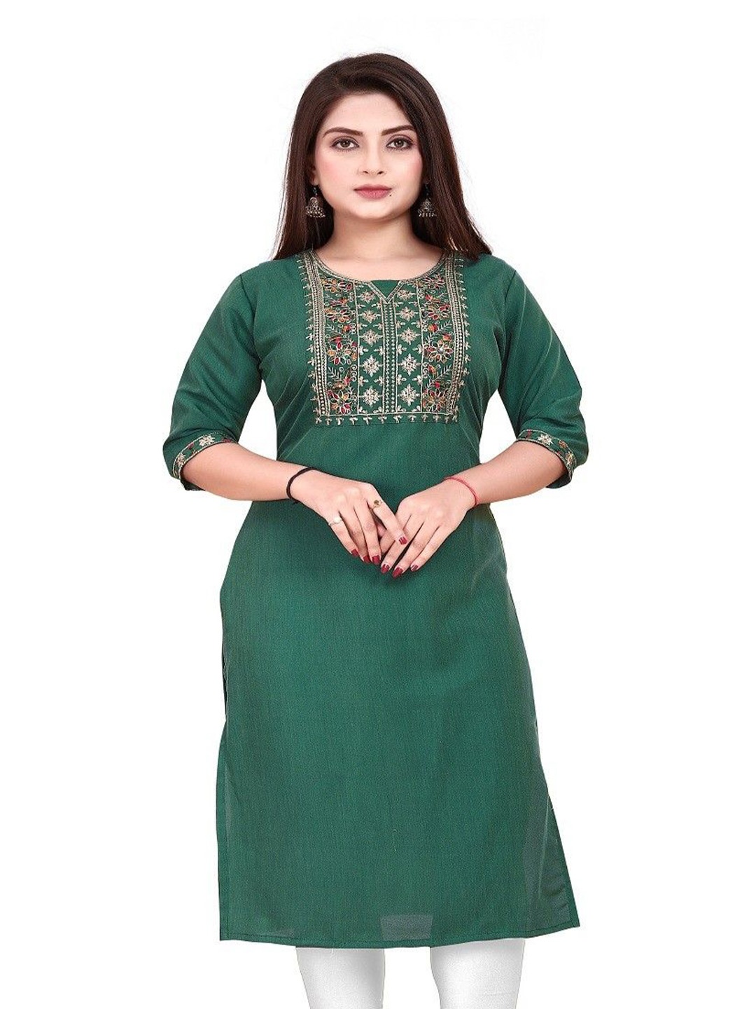 

AKK ENTERPRISE Women Yoke Thread Work Embrodoiry Straight Kurtas, Green
