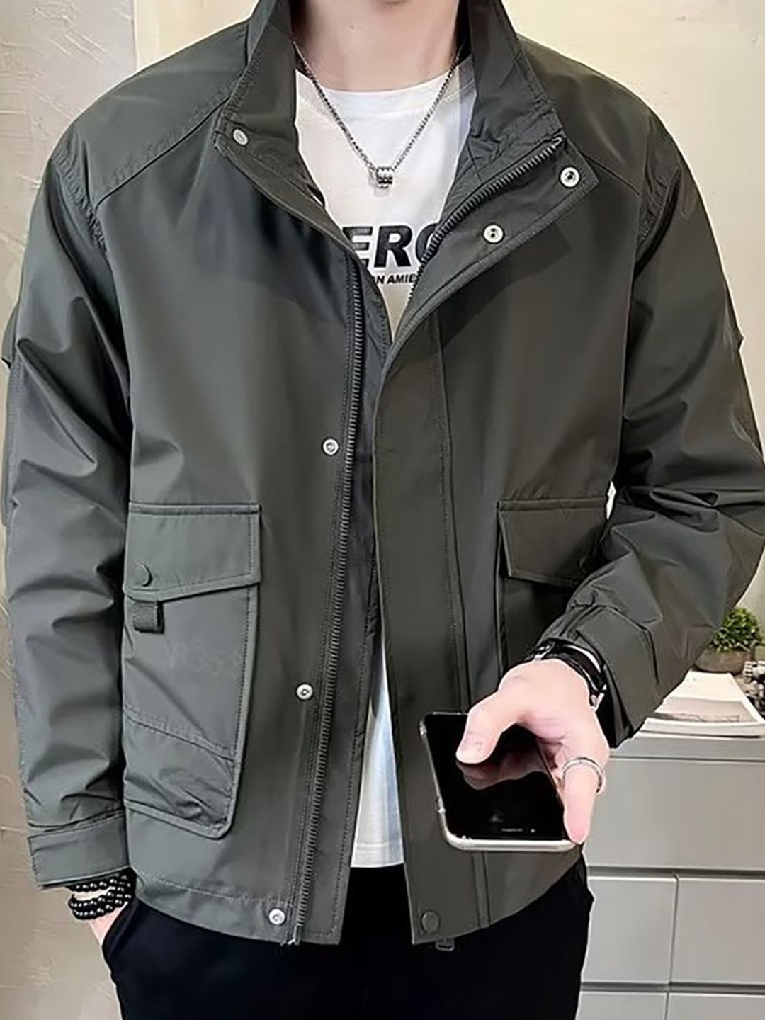 

StyleCast x Revolte Men Stand Collar Insulator Tailored Jacket, Grey
