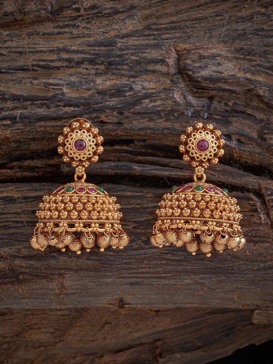 

Kushal's Fashion Jewellery Gold-Plated Stones Studded Antique Dome Shaped Jhumkas, Red