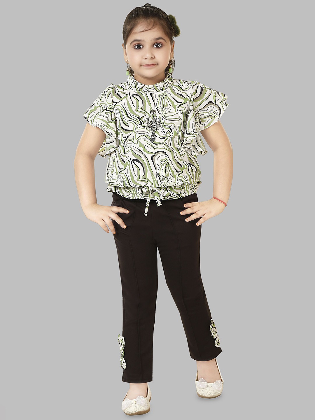 

BAESD Girls Abstract Printed High Neck Flutter Sleeves Top With Trousers, Green