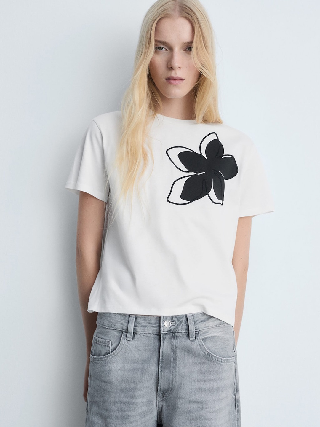 

MANGO Pure Cotton Floral Printed T-shirt, White