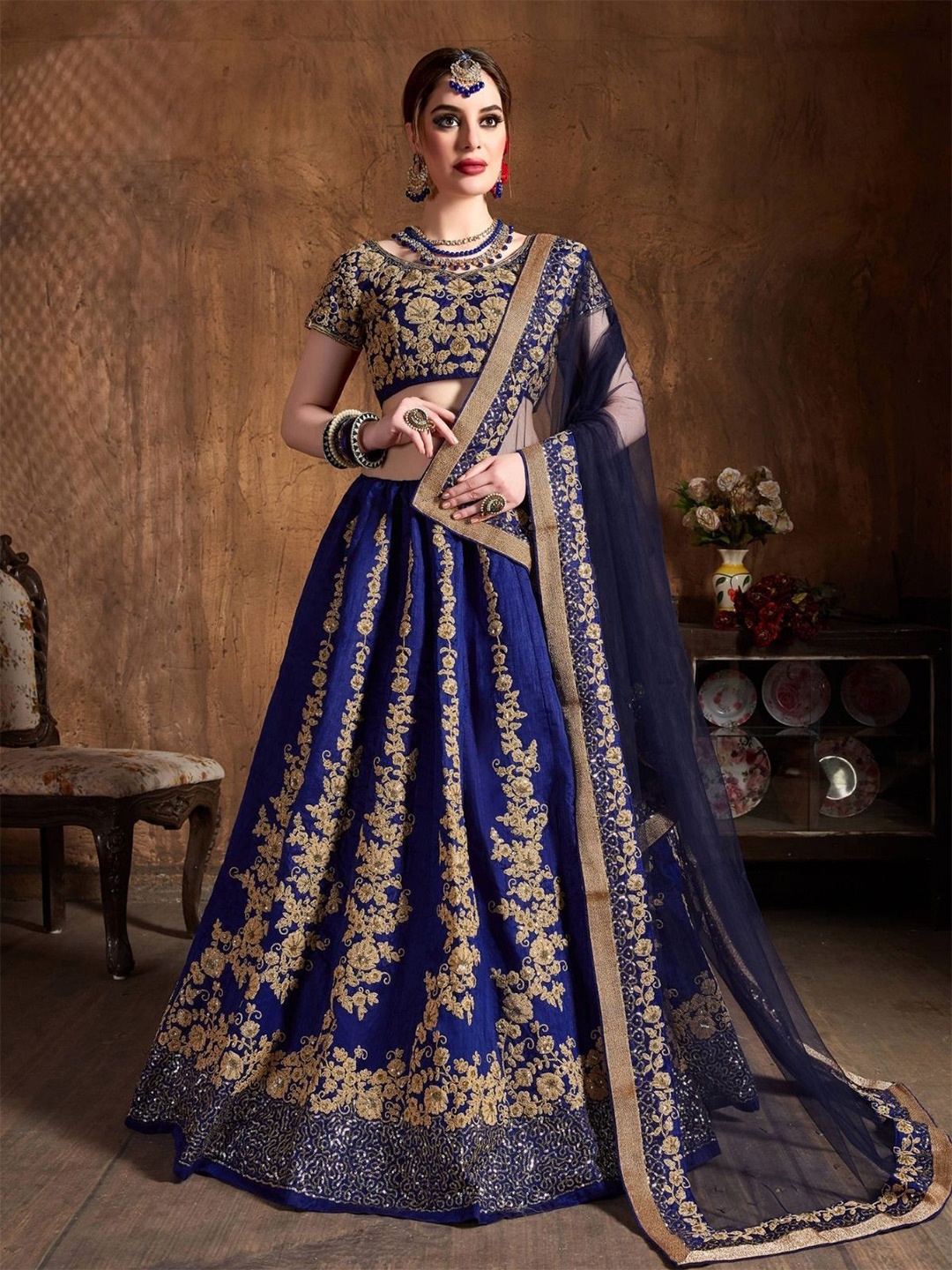 

ODETTE Floral Embroidered Semi-Stitched Lehenga & Blouse With Dupatta, Navy blue