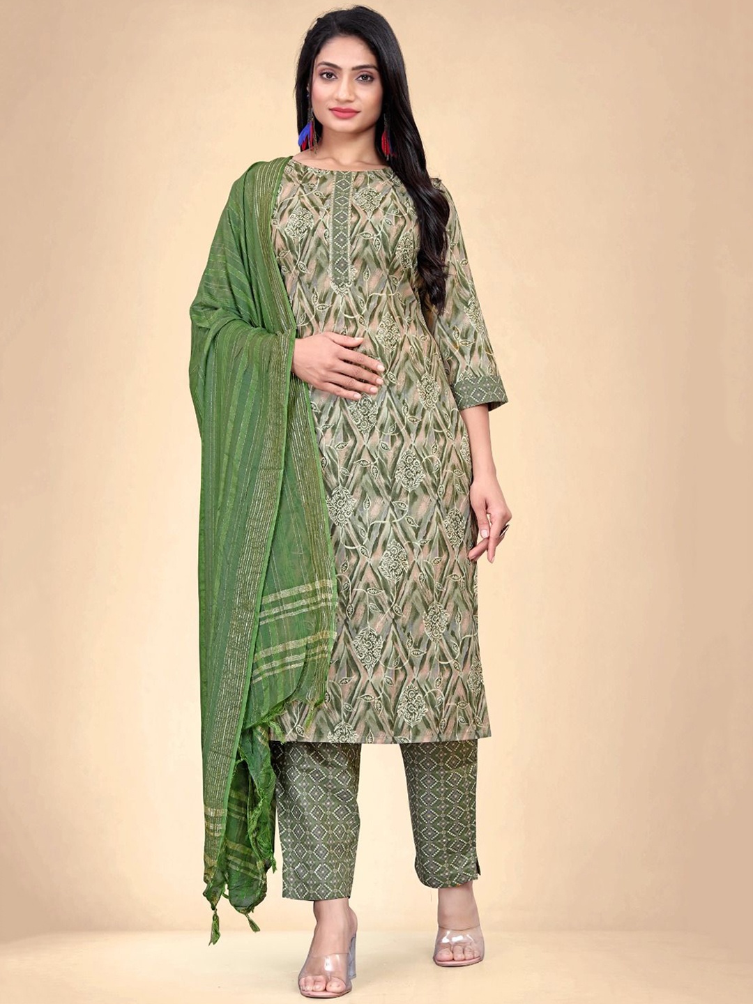 

Abhilasha Women Floral Printed Regular Kurta with Trousers & With Dupatta, Olive