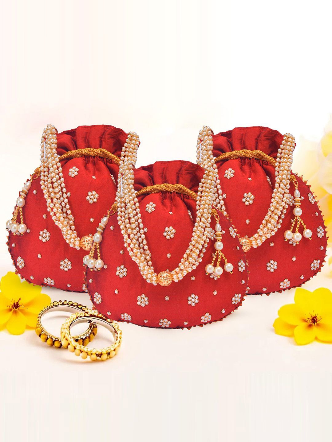

Kuber Industries Set Of 3 Embroidered Embellished Shagun Potli Clutch, Pink