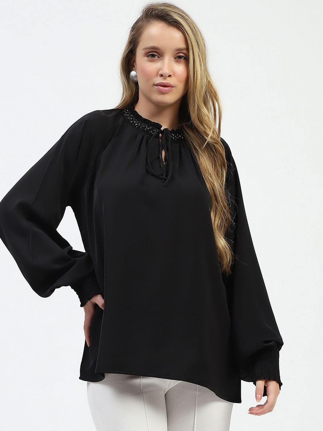 

Madame Women Tie-Up Neck Solid Top, Black